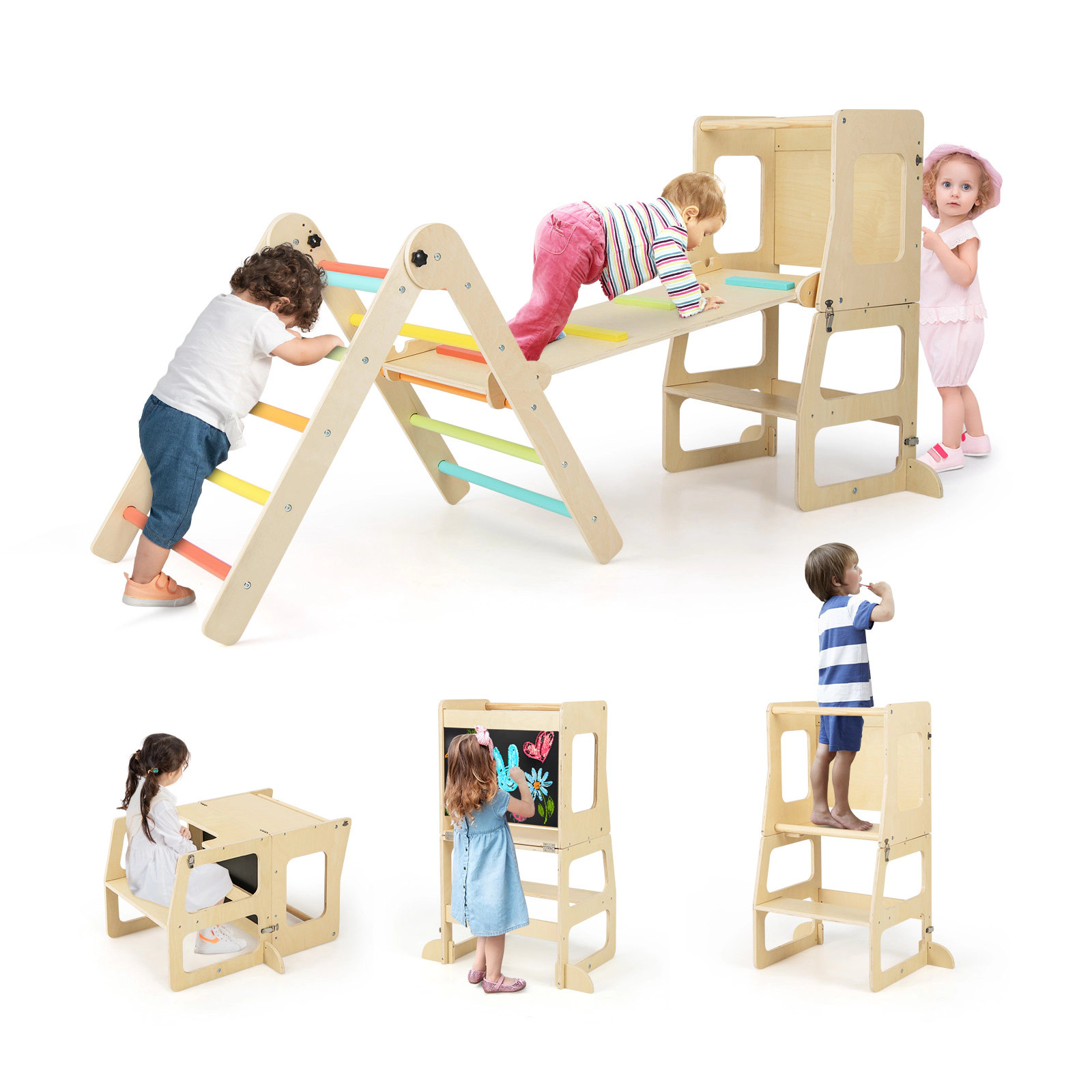 SUGIFT Multicolor 7-in-1 Toddler Kids Climber with Table and Chair Set 21-in to 53-in Ladder 135-lb Per Part