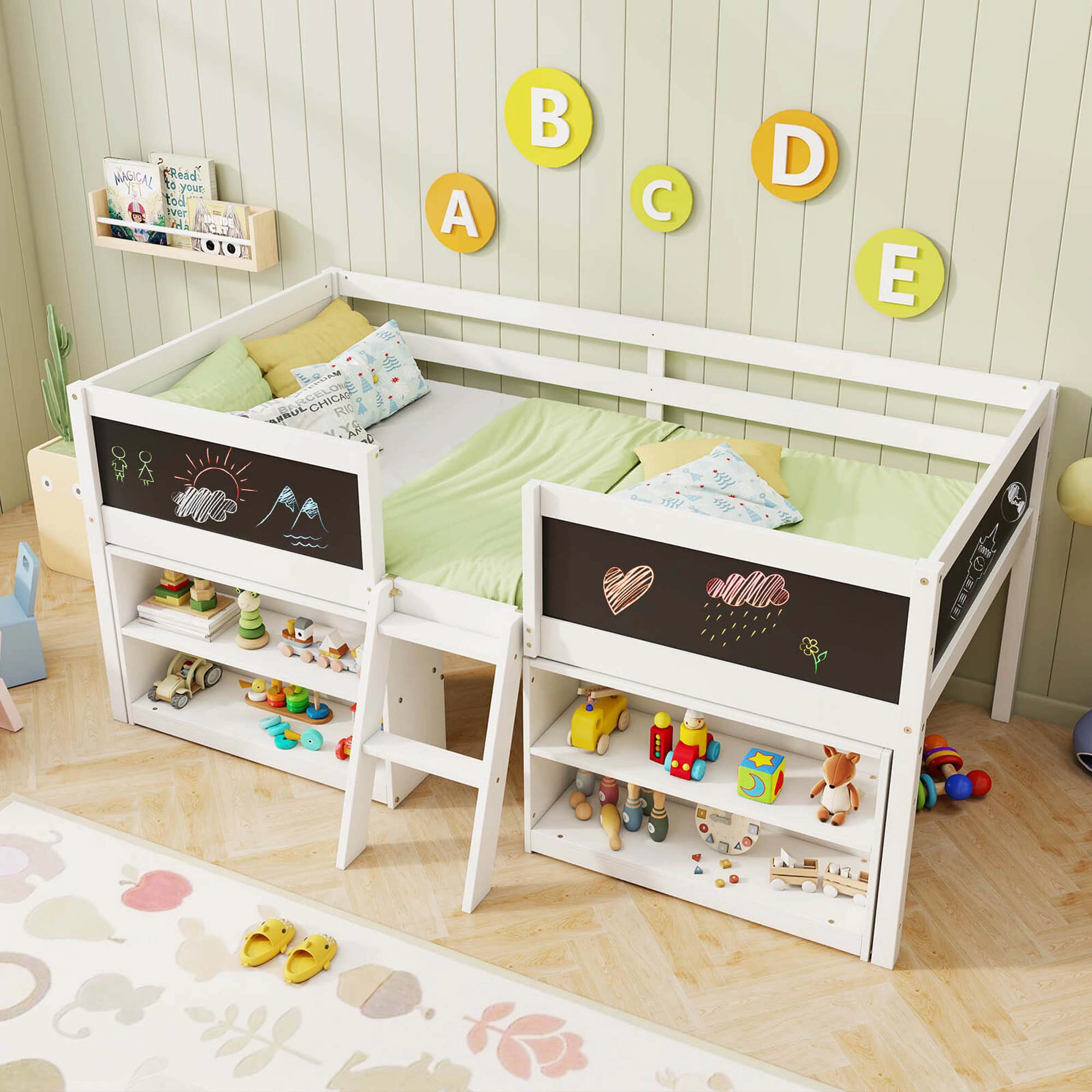 Costway Twin Size Low Loft Bed with Ramp Ladder & Bookcases Full-length Safety Guardrail White