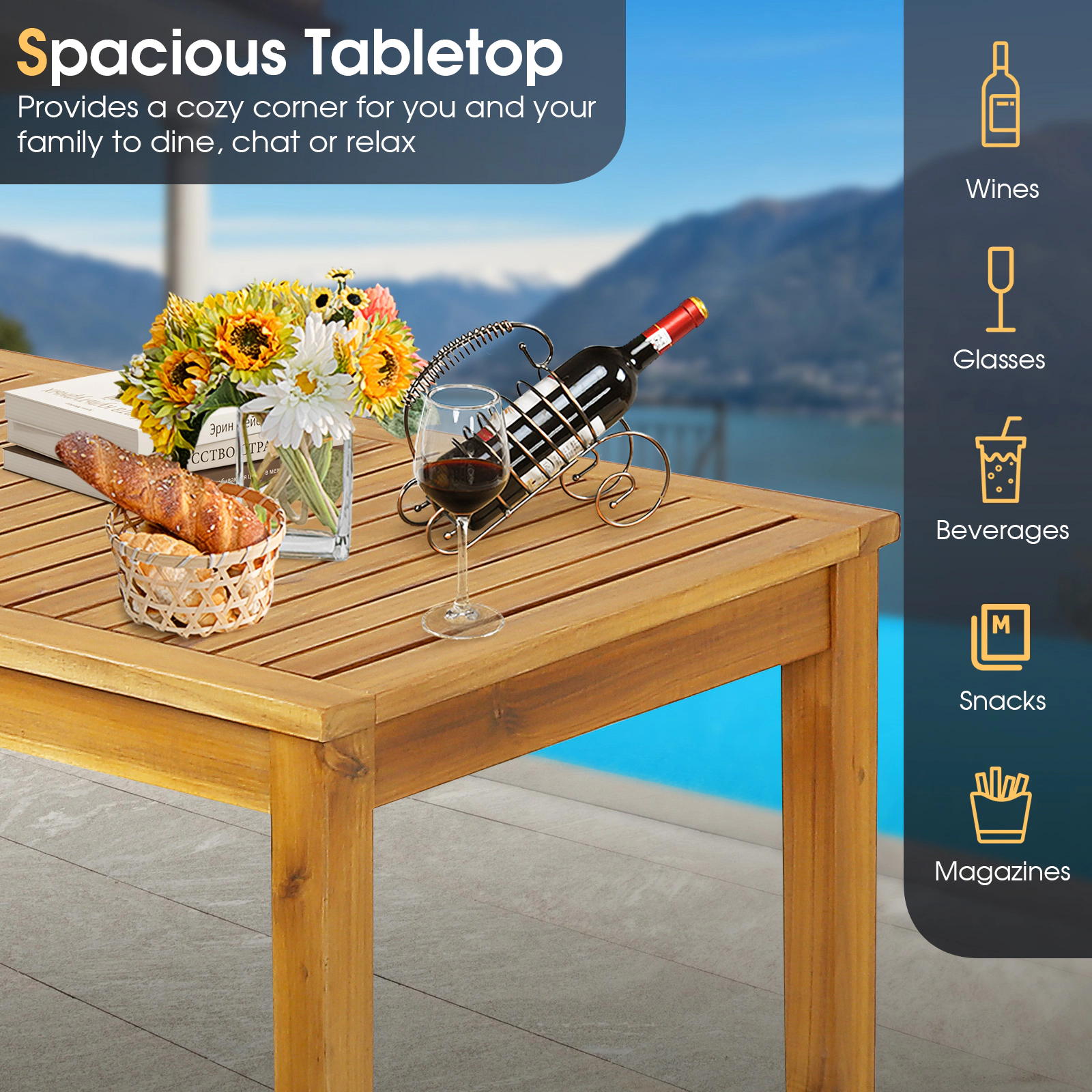 SUGIFT 45 in Teak Finish Acacia Wood Bar-Height Outdoor Patio Table