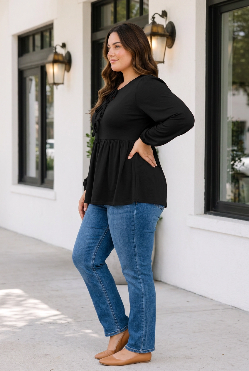 Threaded Pear Meilani Sleeve Peplum Blouse Long PLUS Top