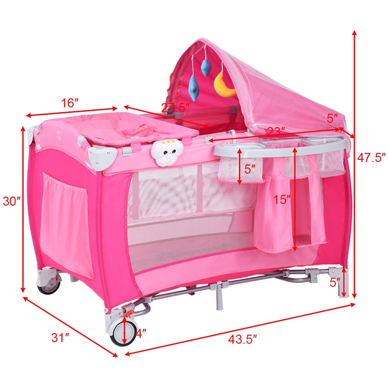 SUGIFT Foldable Bi-Level Baby Crib Playpen with Mosquito Net Canopy and Storage 33-lb Capacity Pink