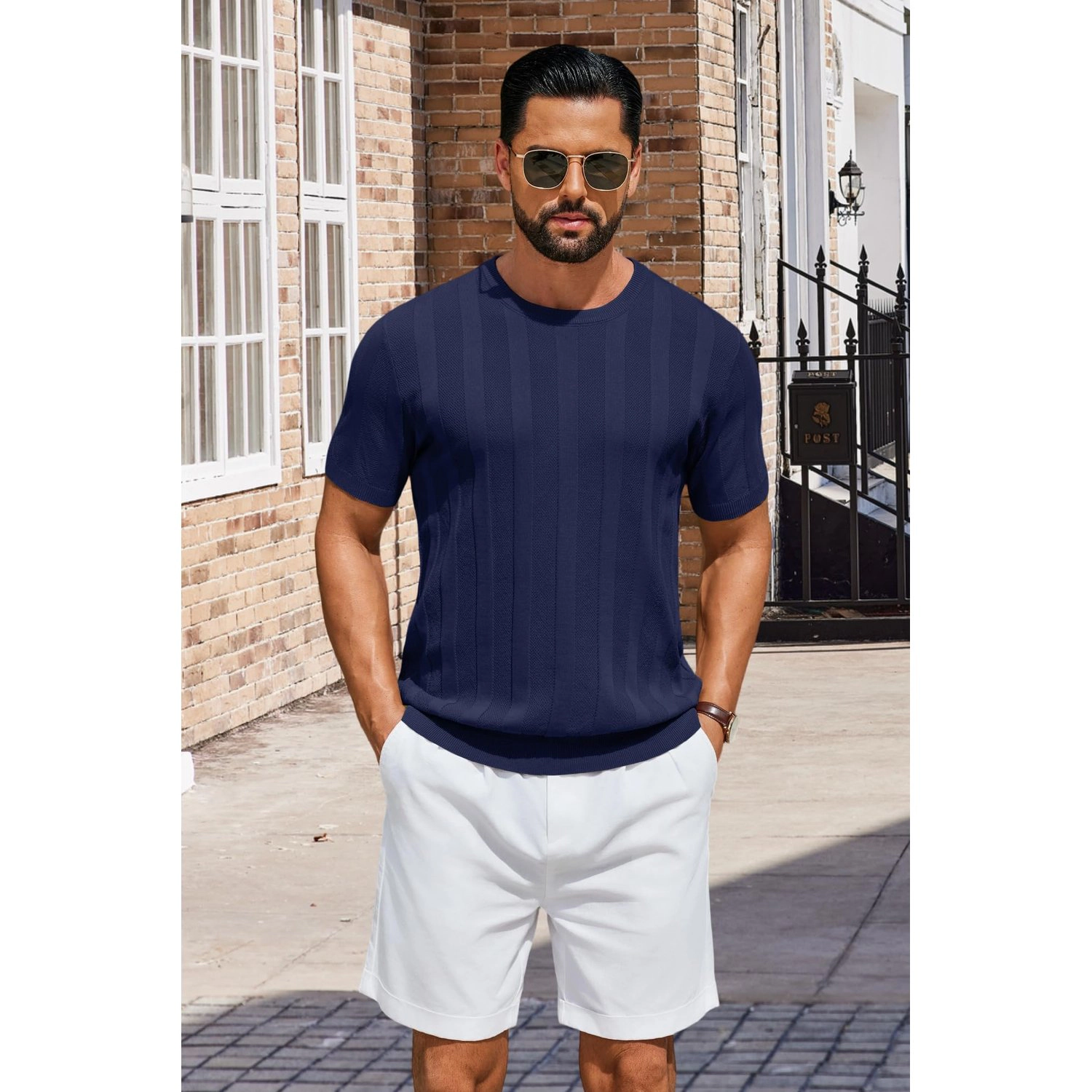 COOFANDY Mens Short Sleeve Button Down Shirts  V Neck Cable Knit Casual Tops