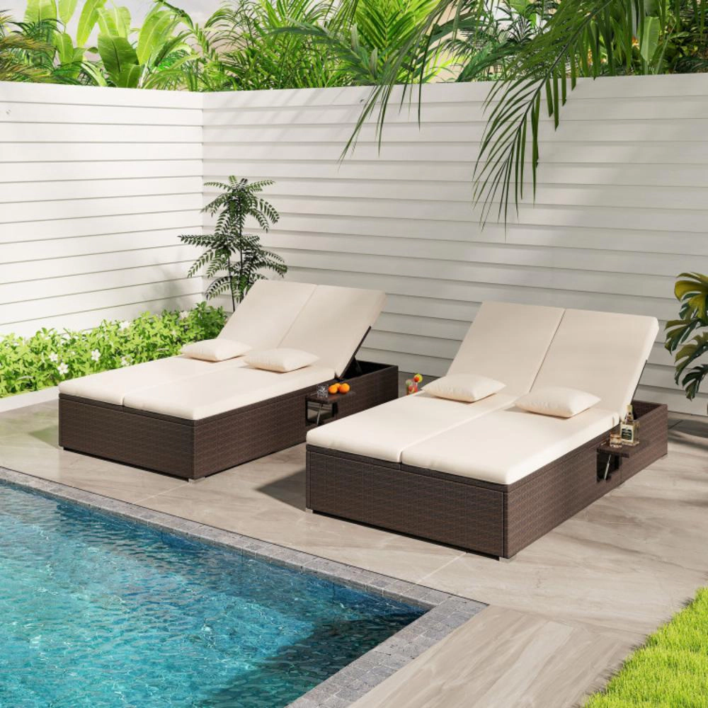Hivvago Patio Double Chaise Lounge With Cushions And Folding Side Trays