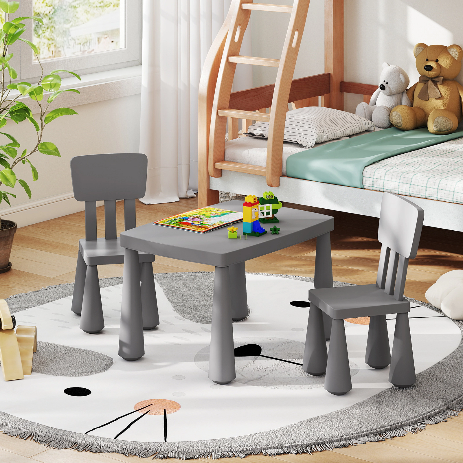 SUGIFT Kids Table and Chair Set, 3-Piece Gray PP Activity Table with 2 Chairs, 110-Lb Capacity