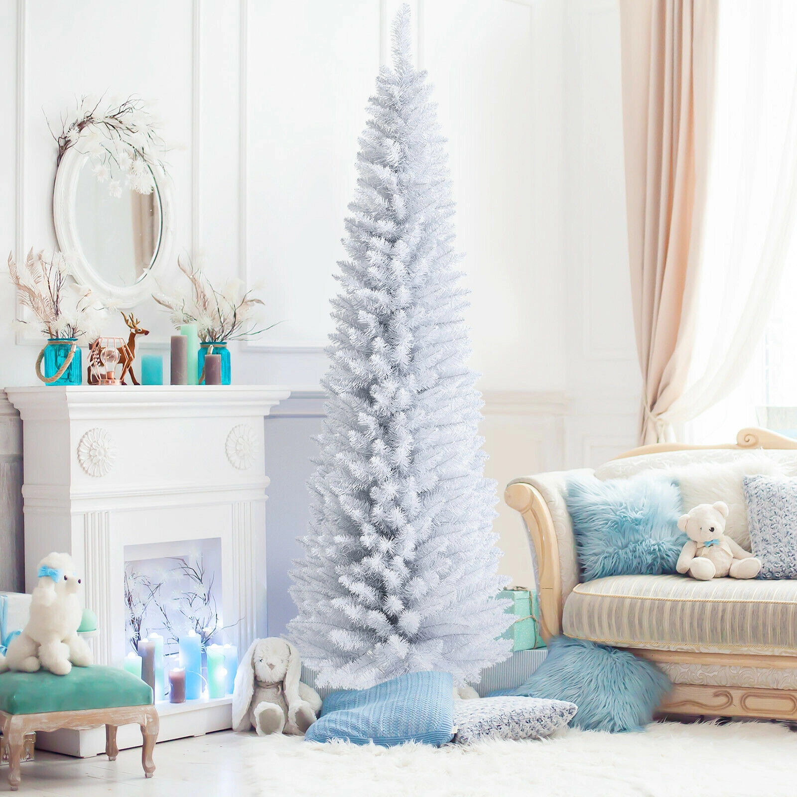 SUGIFT Slim Space-Saving Unlit Artificial Pencil Christmas Tree with Folding Metal Stand 7-ft Tall White