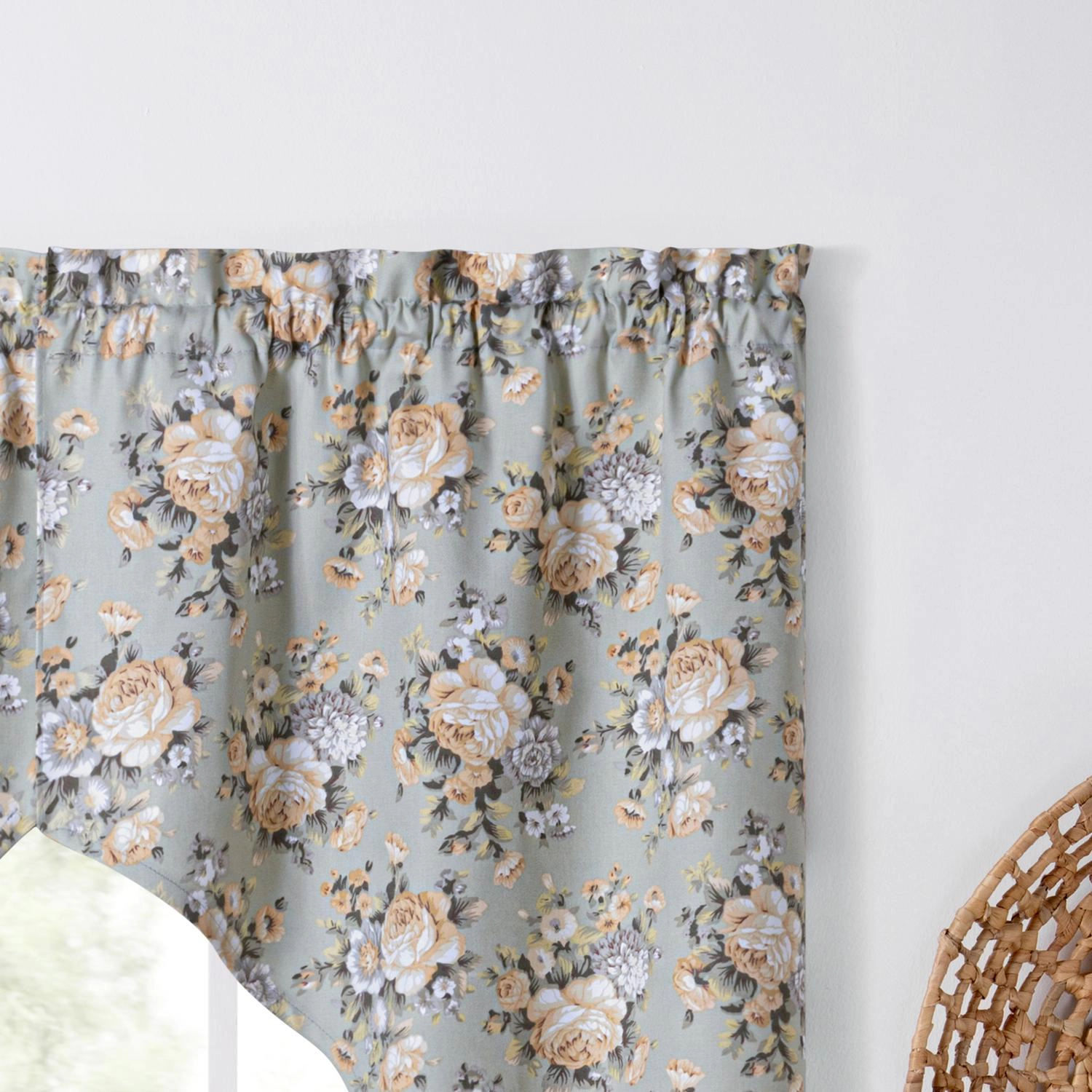 Ellis Bella Rose Stylish Medium Scale Printed Floral Pattern 1.5" Rod Pocket Tailored Swag for Windows 56"x36" Mist