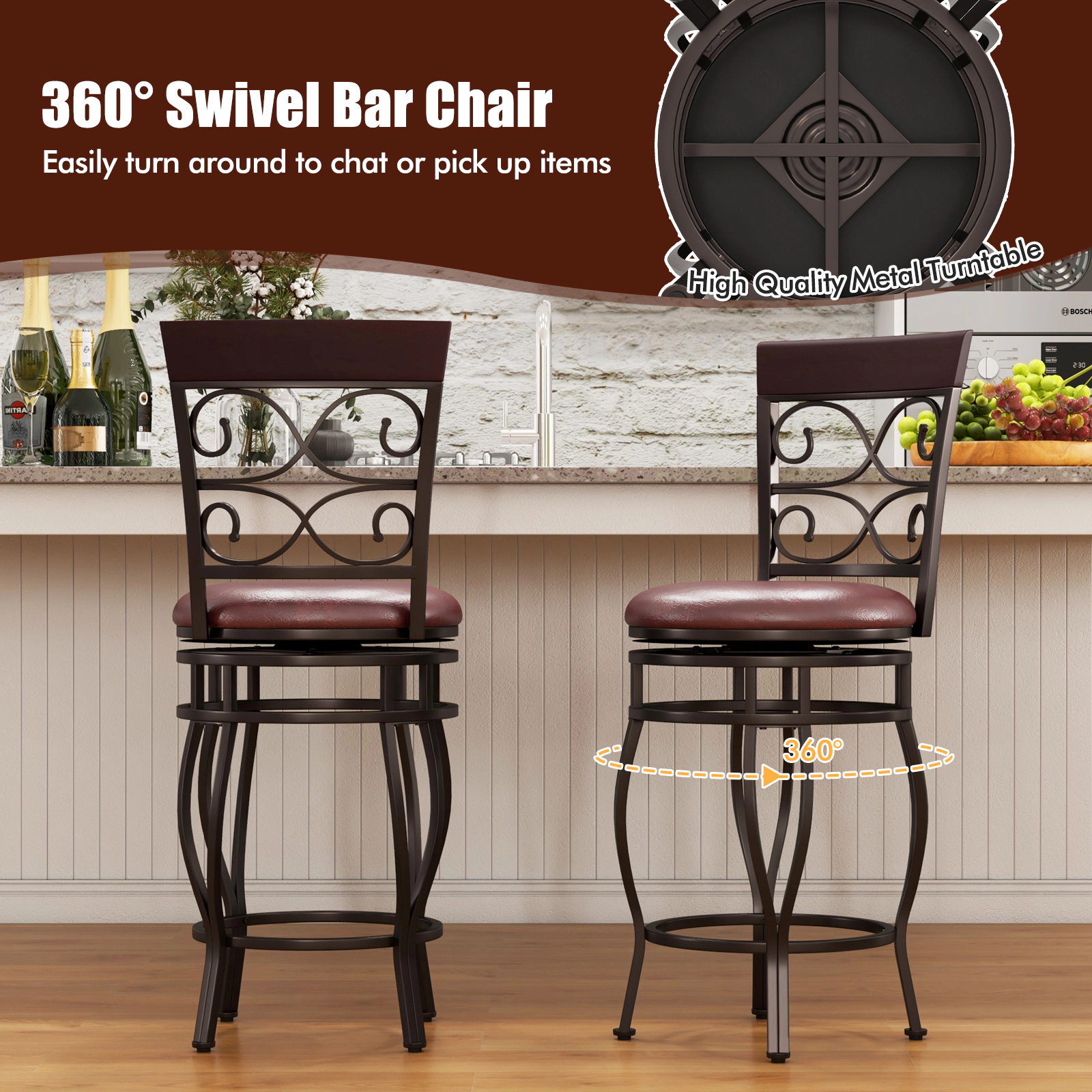 Glintex 2-Piece 26-Inch Counter Stool Set with Backrest and Footrest, Cherry+Brown