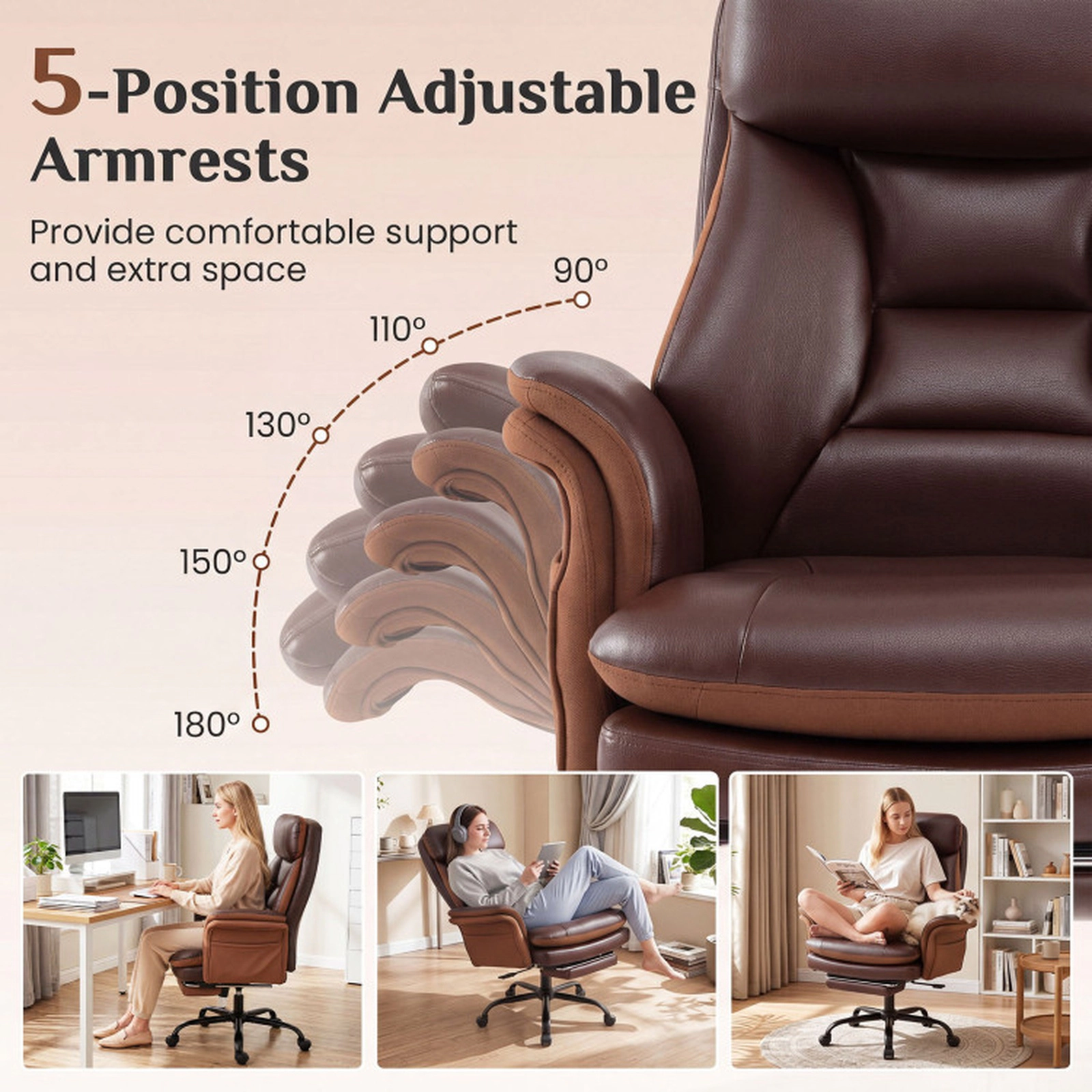 SUGIFT Big and Tall Faux Leather Office Chair with Retractable Footrest 500-lb Chair Capacity Brown