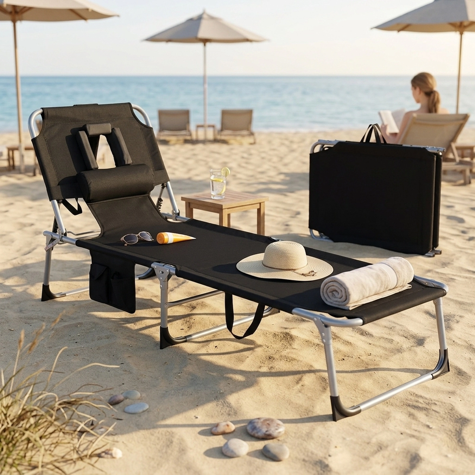 SUGIFT Set of 2 Folding Chaise Lounge Chairs, Adjustable Backrest and Footrest, Face and Arm Holes, Black