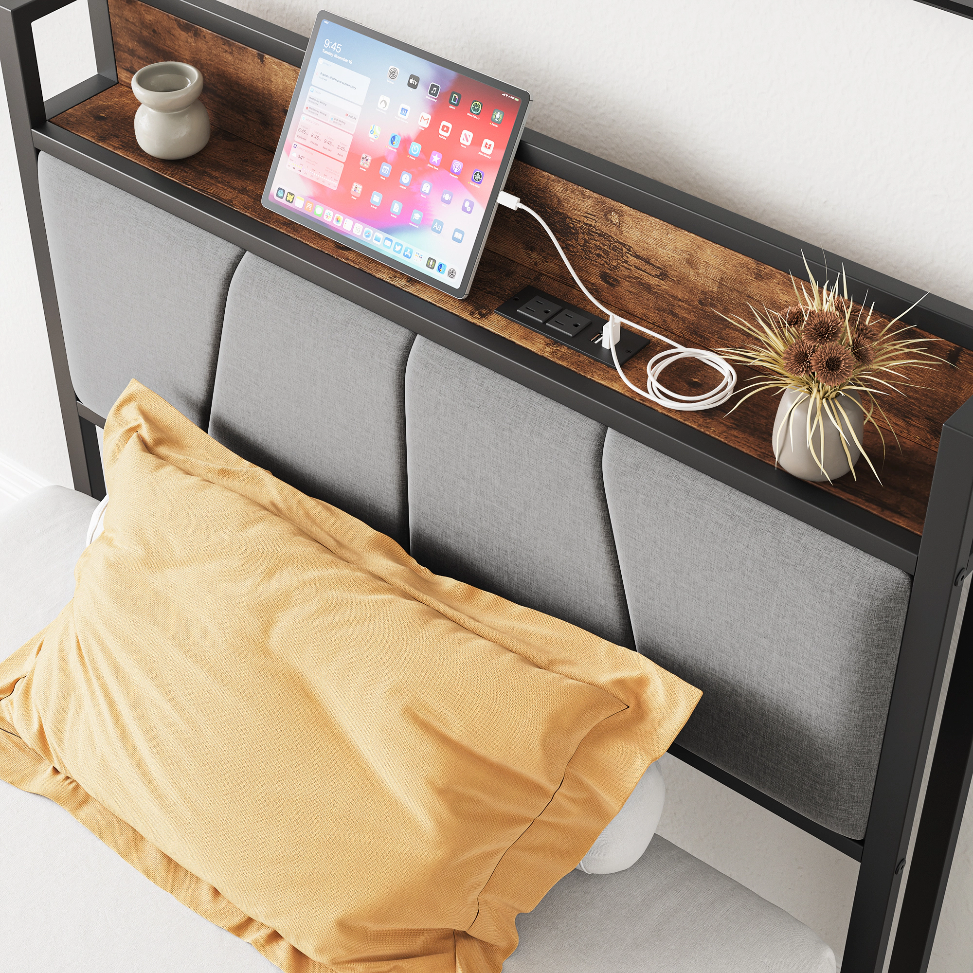 Flynama Twin Bed Frame with Storage Headboard & Charging Station, No Box Spring Needed