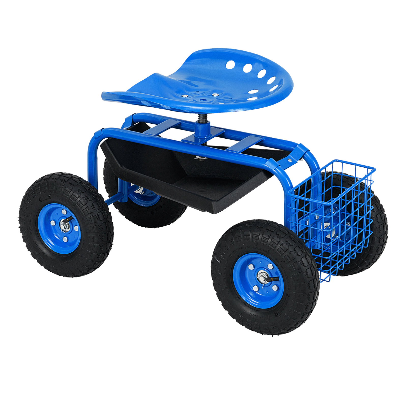 SUGIFT Blue 330-lb Capacity Rolling Garden Cart Seat Stool with Tool Tray Basket and Pneumatic Wheels