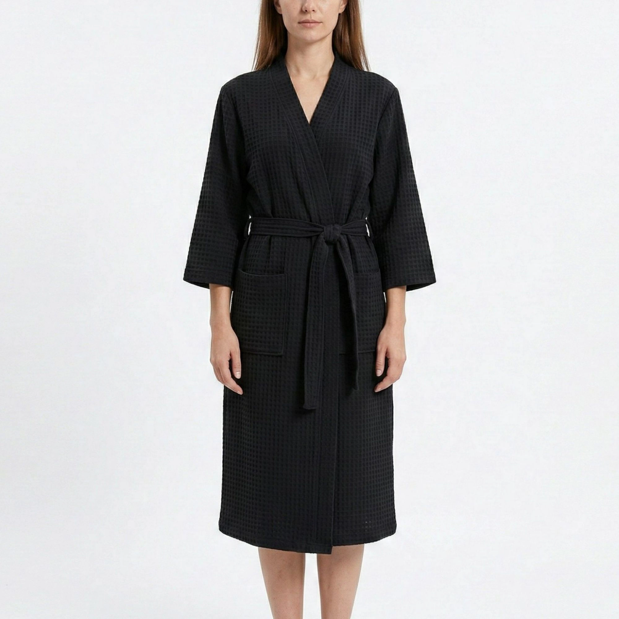 Anna-Kaci Women's Textured Knit Wrap Bathrobe Three Quarter Sleeves Adjustable Waist Tie Design and Front Pockets