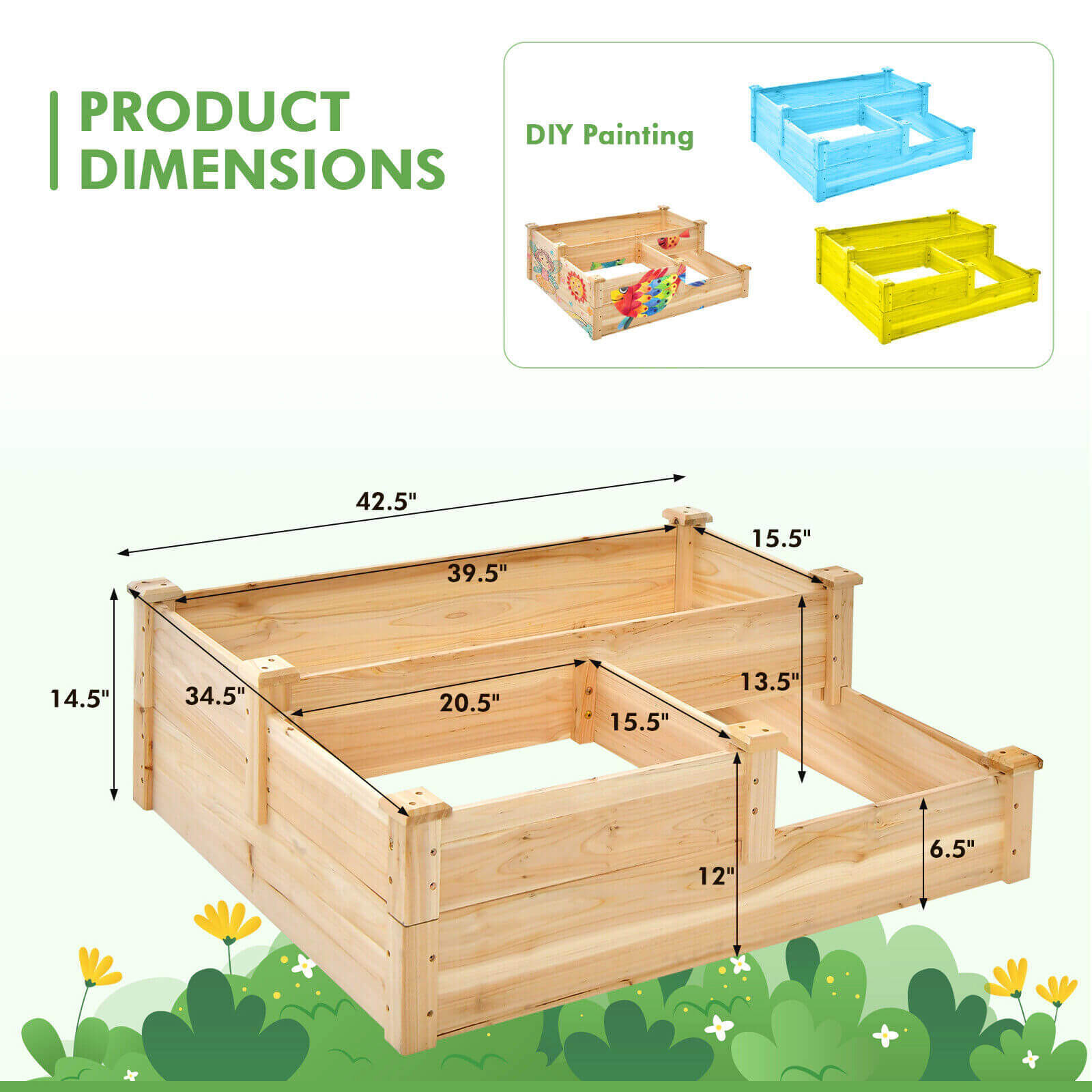SUGIFT 3-Tier Fir Wood Raised Garden Bed Outdoor Planter with Open-Ended Base 42.5-in Wide Frame Natural