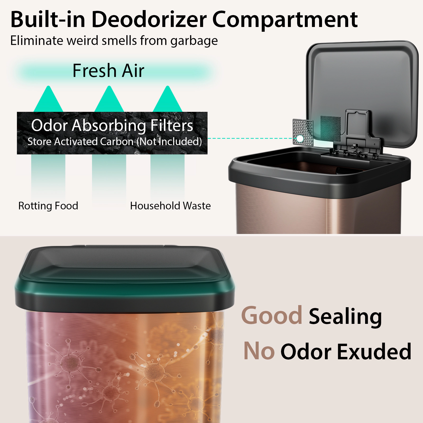 SUGIFT 13-Gal Step Pedal Soft-Close Lid Deodorizer Compartment Trash Can 16.5-in x 15.5-in x 24-in 35-in Open Golden