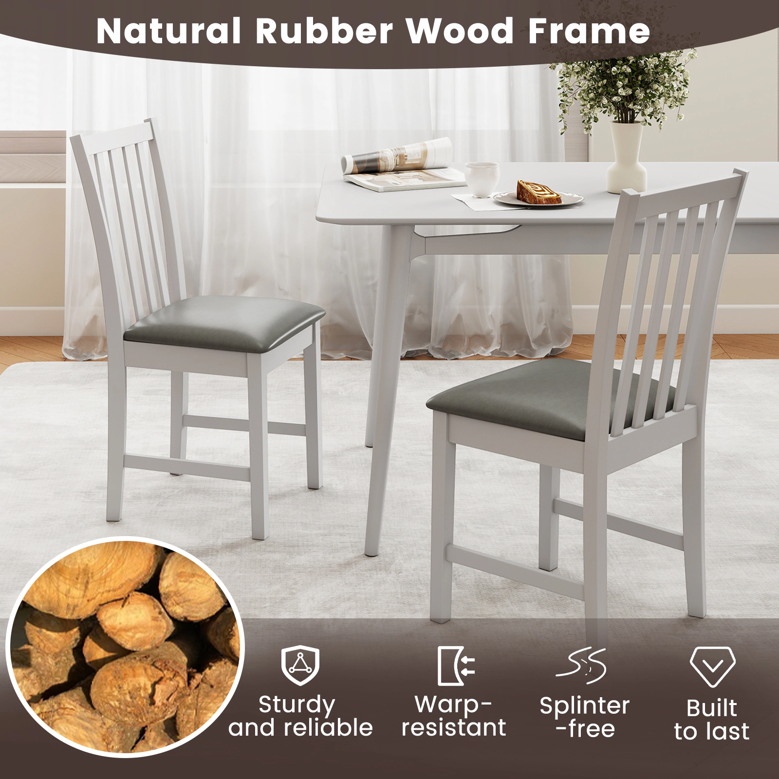 SUGIFT Rubber Wood Dining Chair Set of 2 with MDF Frame and Padded PVC Seat 330-Lb Capacity 36-in Tall White+Gray