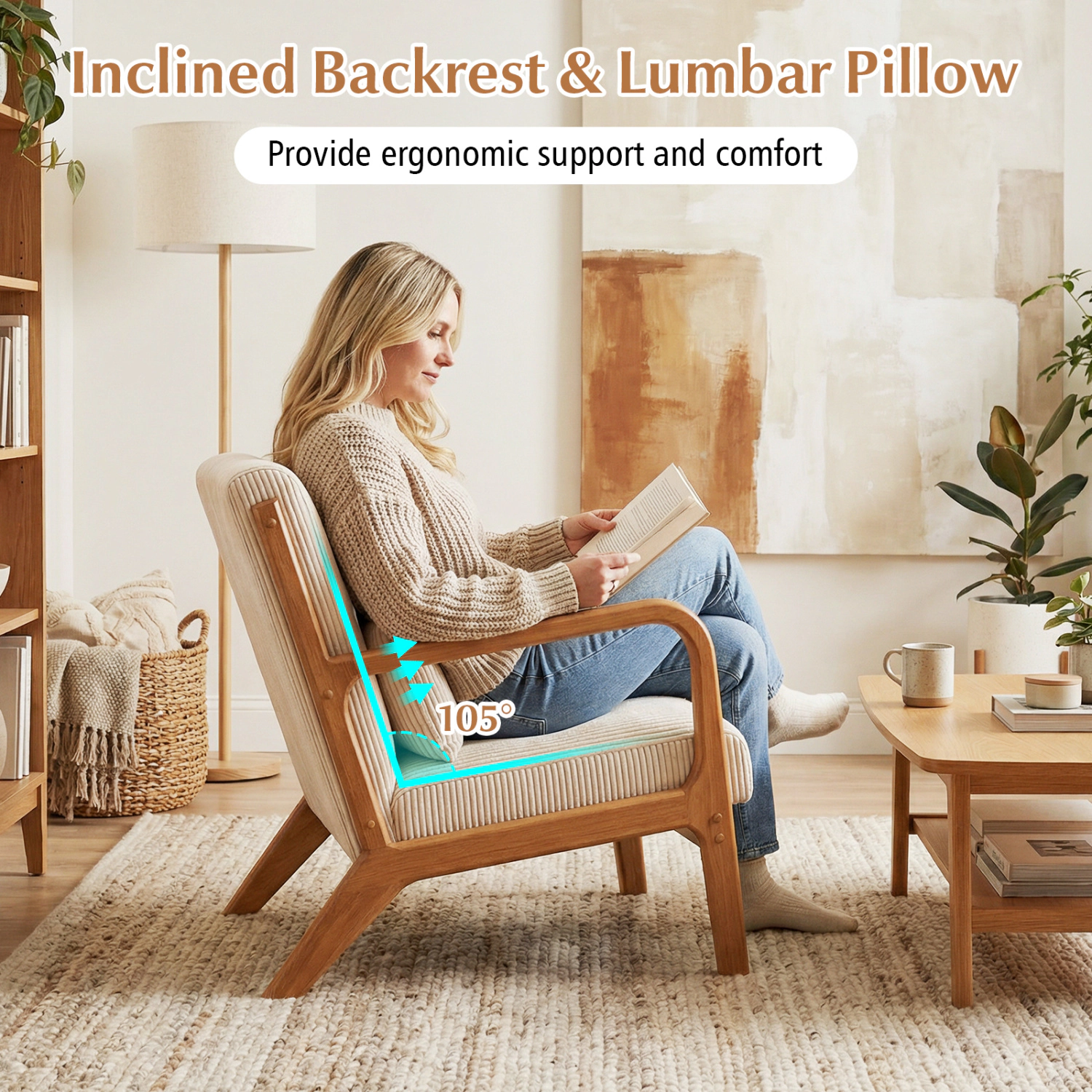 LJG Accent Chair Corduroy Upholstered Lounge with Lumbar Pillow
