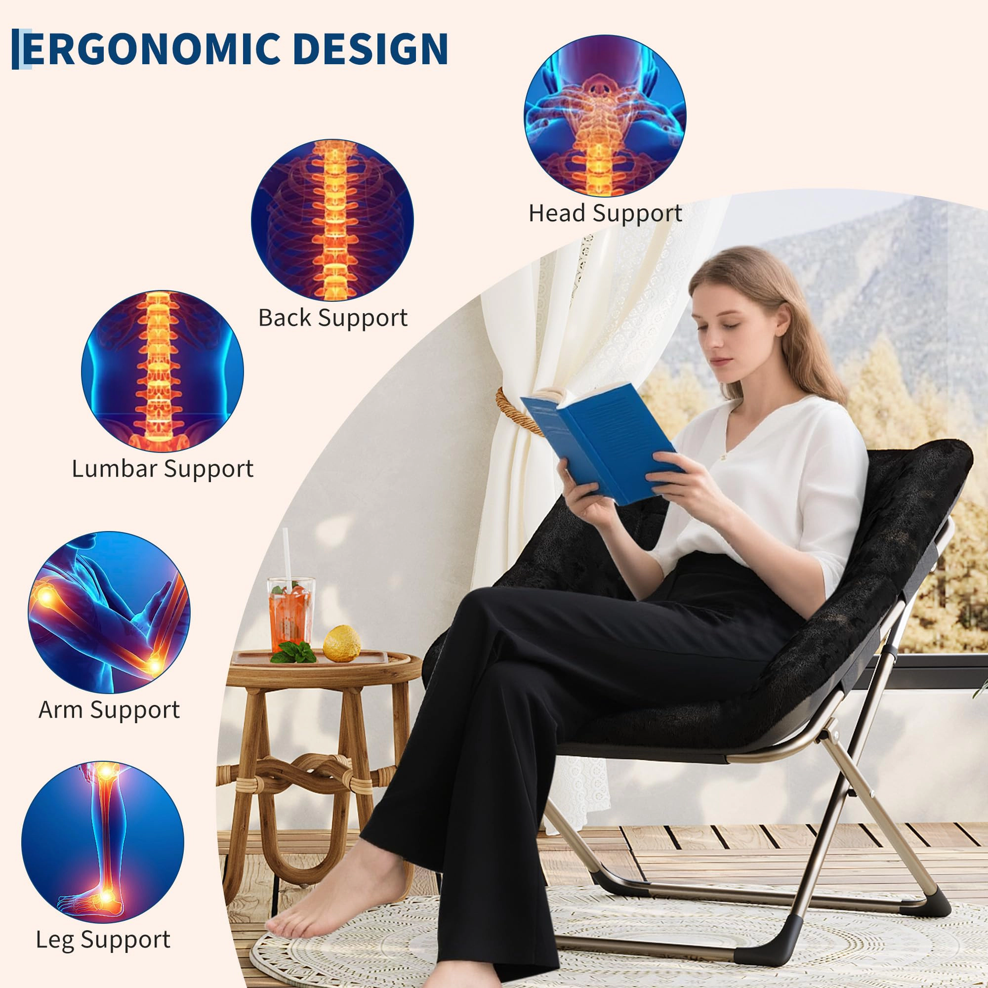 BebreezChic Foldable Dish Saucer Chair - Rabbit Fur Comfy Lounge with Metal Frame for Kids, Teens & Adults