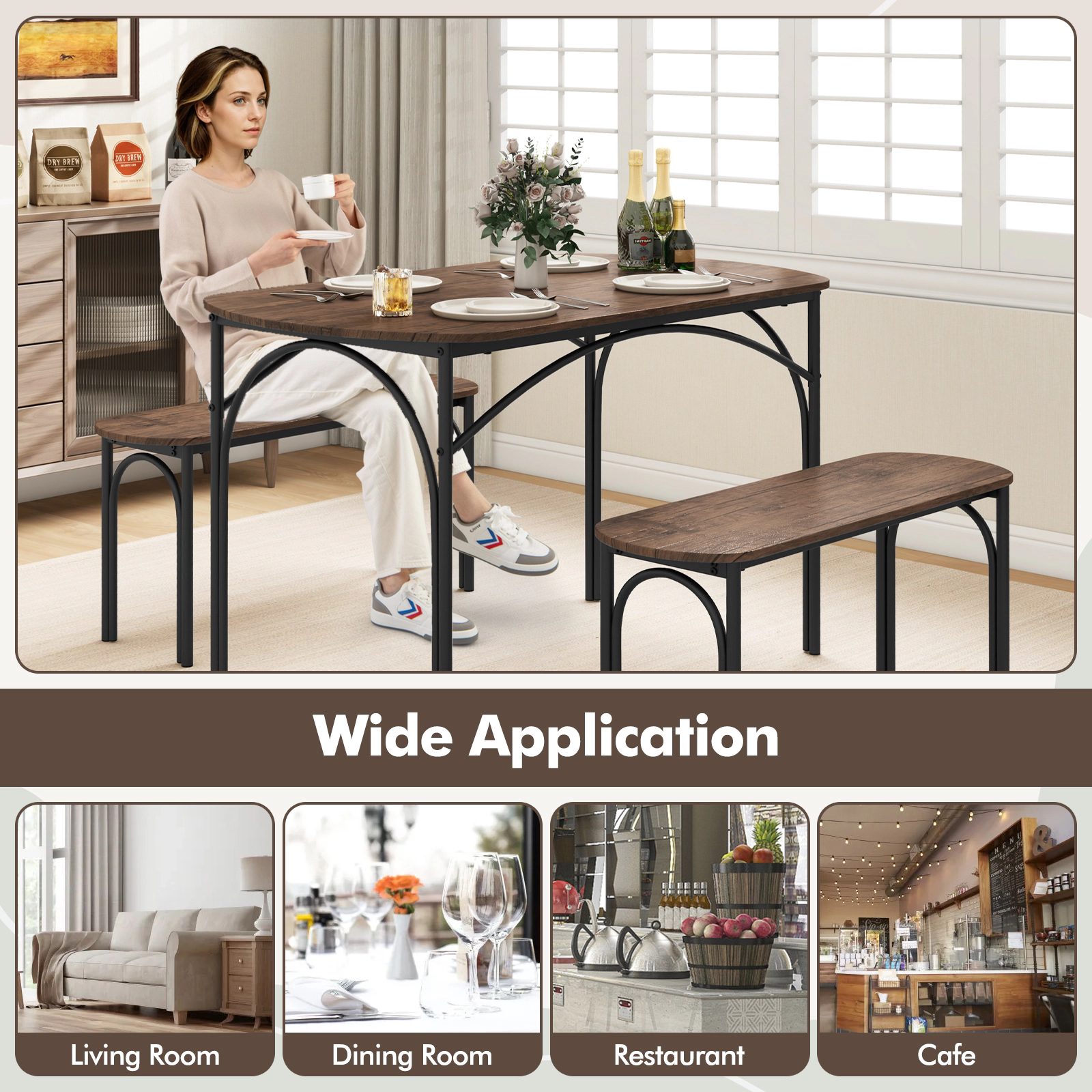 SUGIFT 3-Piece Dining Table Set with Metal Frame and Benches 200-lb Table 660-lb Benches Brown+Black