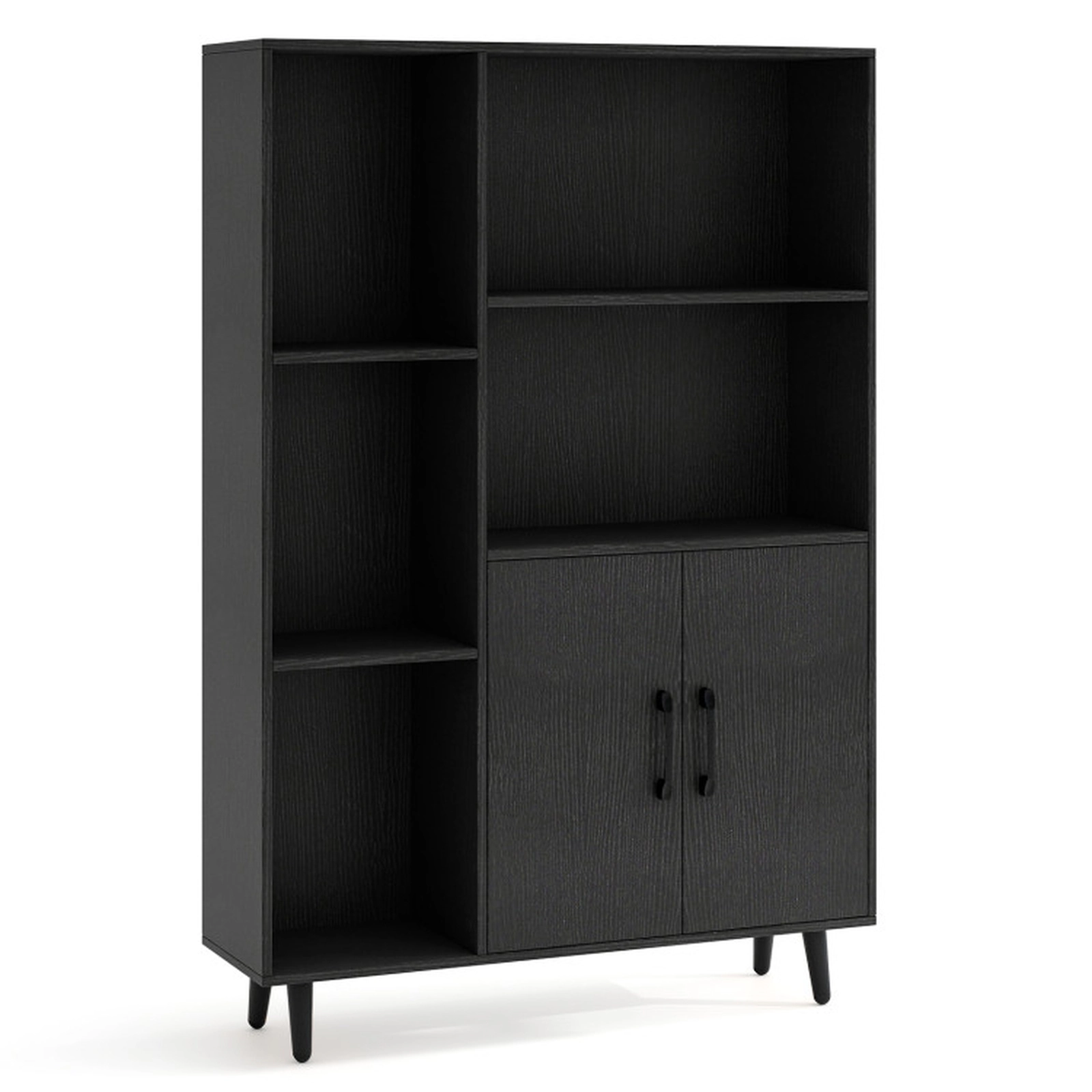 SUGIFT Black 47 in Floor Bookshelf with 5 Open Compartments and 2-Door Cabinet