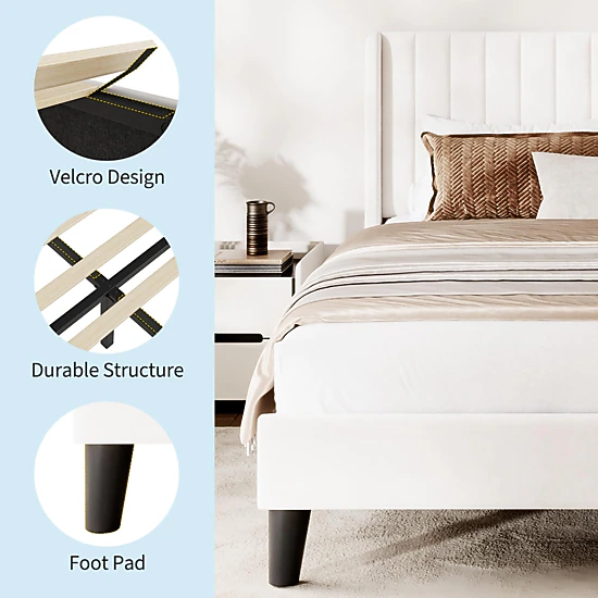 BebreezChic Bed Frame with Velvet Wingback Headboard, Vertical Tufting, No Box Spring