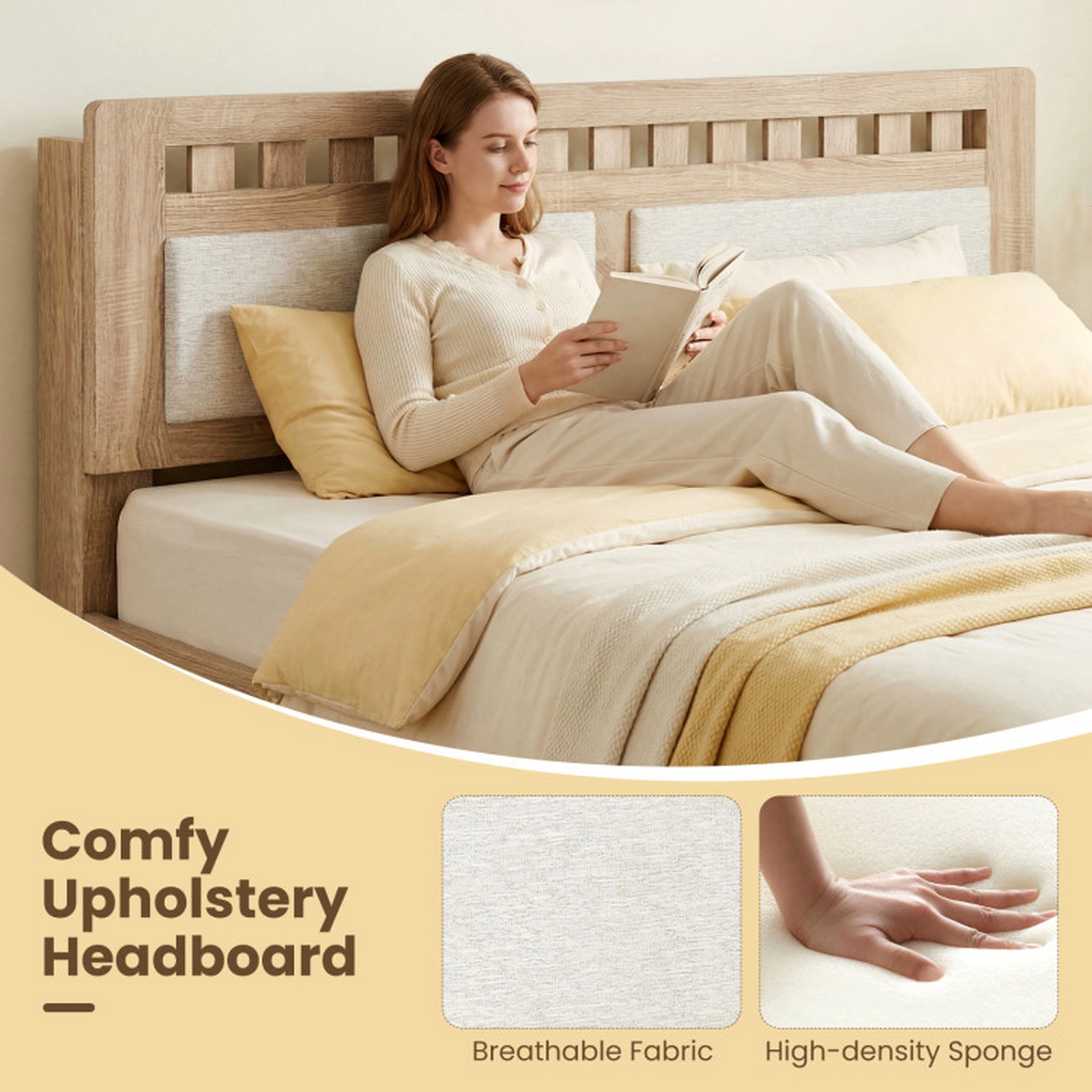 SUGIFT Queen Wood Bed Frame Upholstered Headboard 700-Lb Capacity 85-in Length 80 x 61-in Bed Surface Rustic Oak + Beige