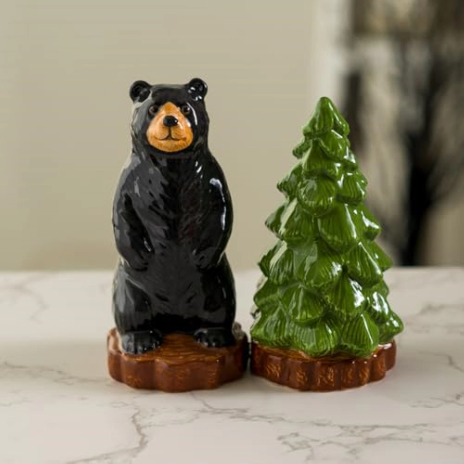 Pacific Giftware Forest Retreat Black Bear and Tree Ceramic Magnetic Salt and Pepper Shaker Set