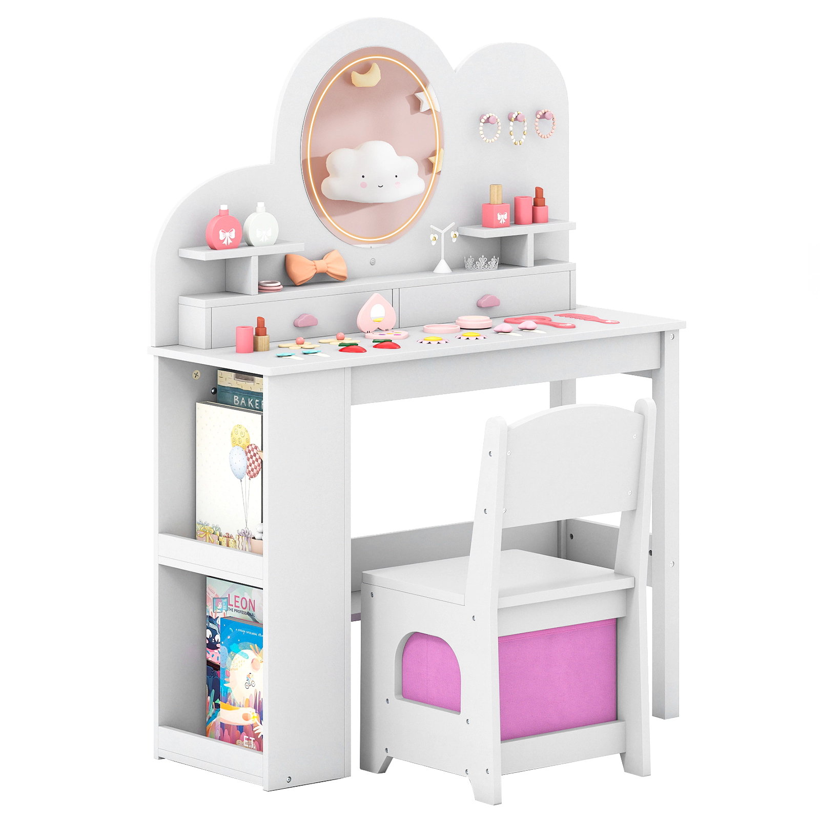 SUGIFT Kids Vanity Set White with Lighted Mirror 2 Drawers and 2-Tier Bookshelf