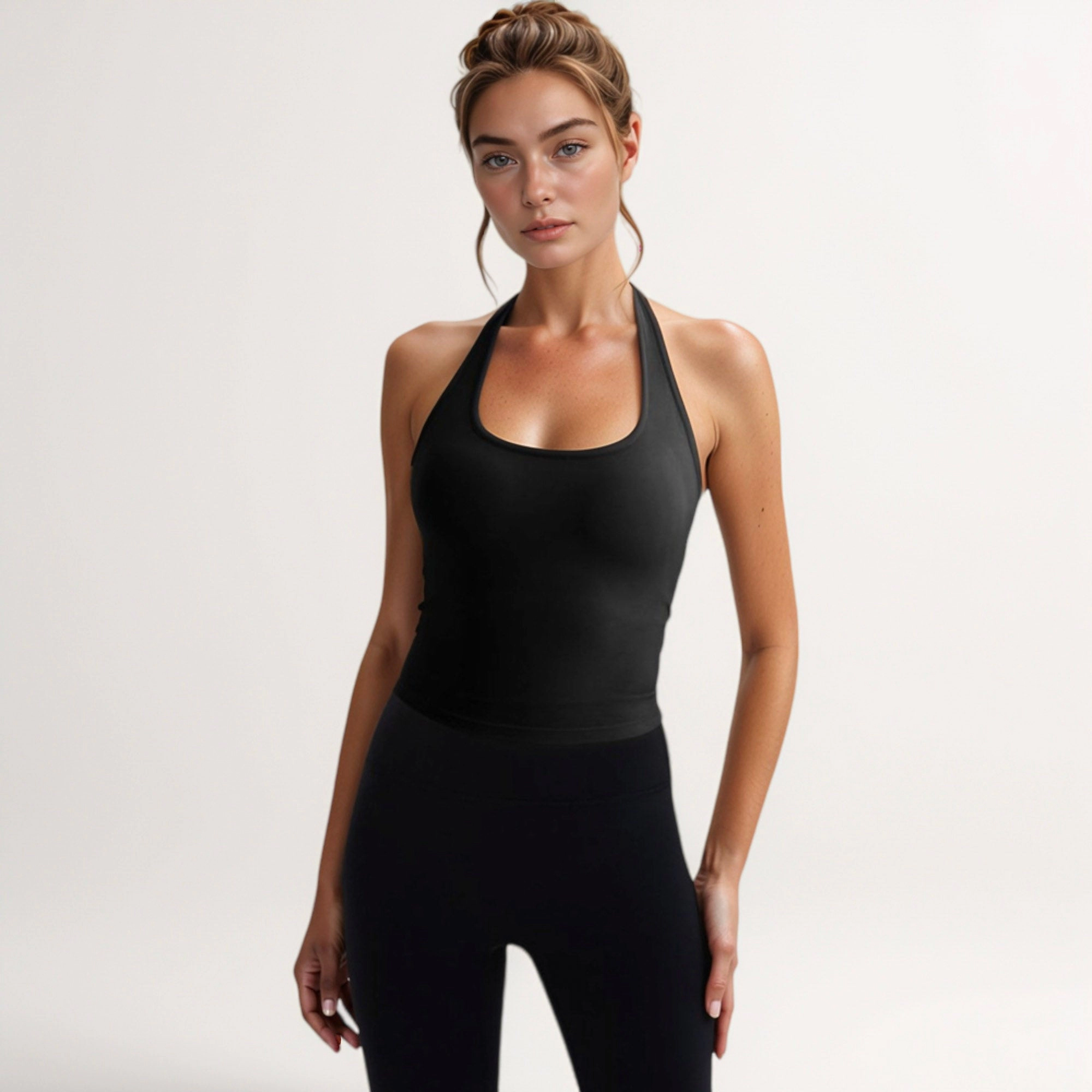 Anna-Kaci Womens Halter Neck Cropped Tank Top with Built-In Bra