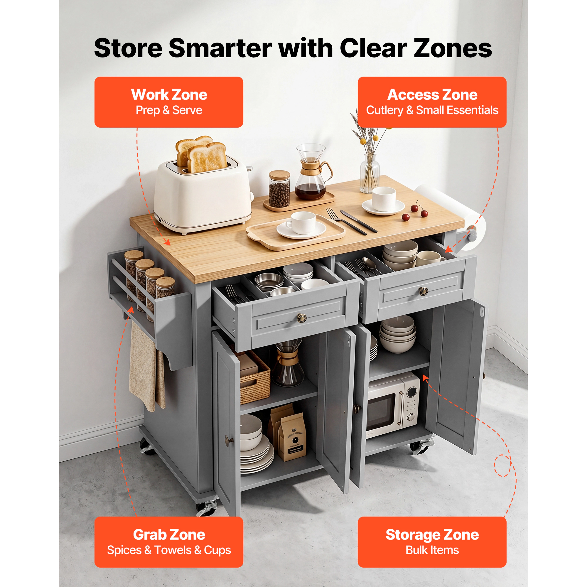 HONGGE Kitchen Island Cart with Storage 43.7 Wide Mobile Rolling on Swivel Wheels 2 Drawers