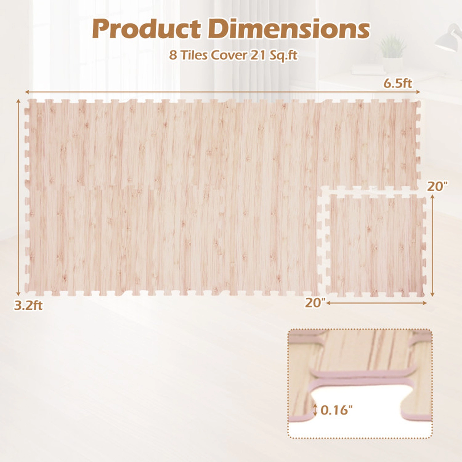 SUGIFT Natural 8 Piece Wood Texture Interlocking Foam Floor Mats with Cuttable Edges 20-in W 20-in D 0.16-in H