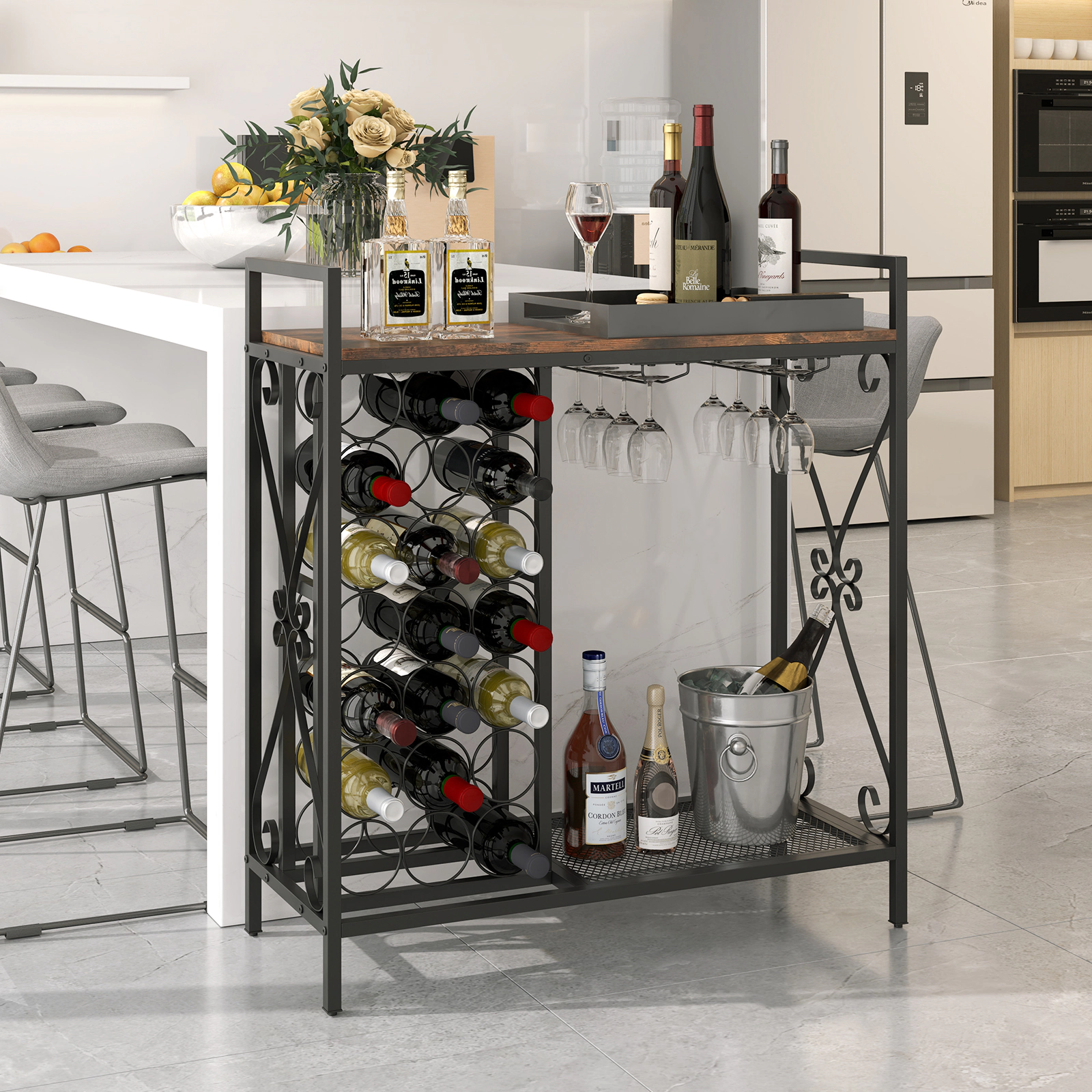 SUGIFT 21 Bottle Wine Rack Rustic Brown Freestanding Floor Organizer with Glass Holder