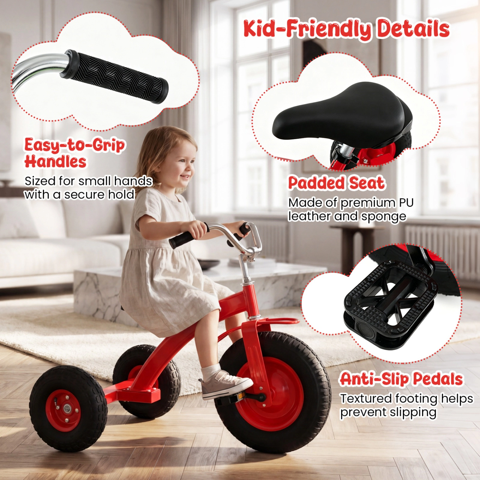 SUGIFT Carbon Steel Kids Tricycle Ride-On with Inflatable Rubber Tires 200-lb Capacity Ages 3+ 33-in Frame Red