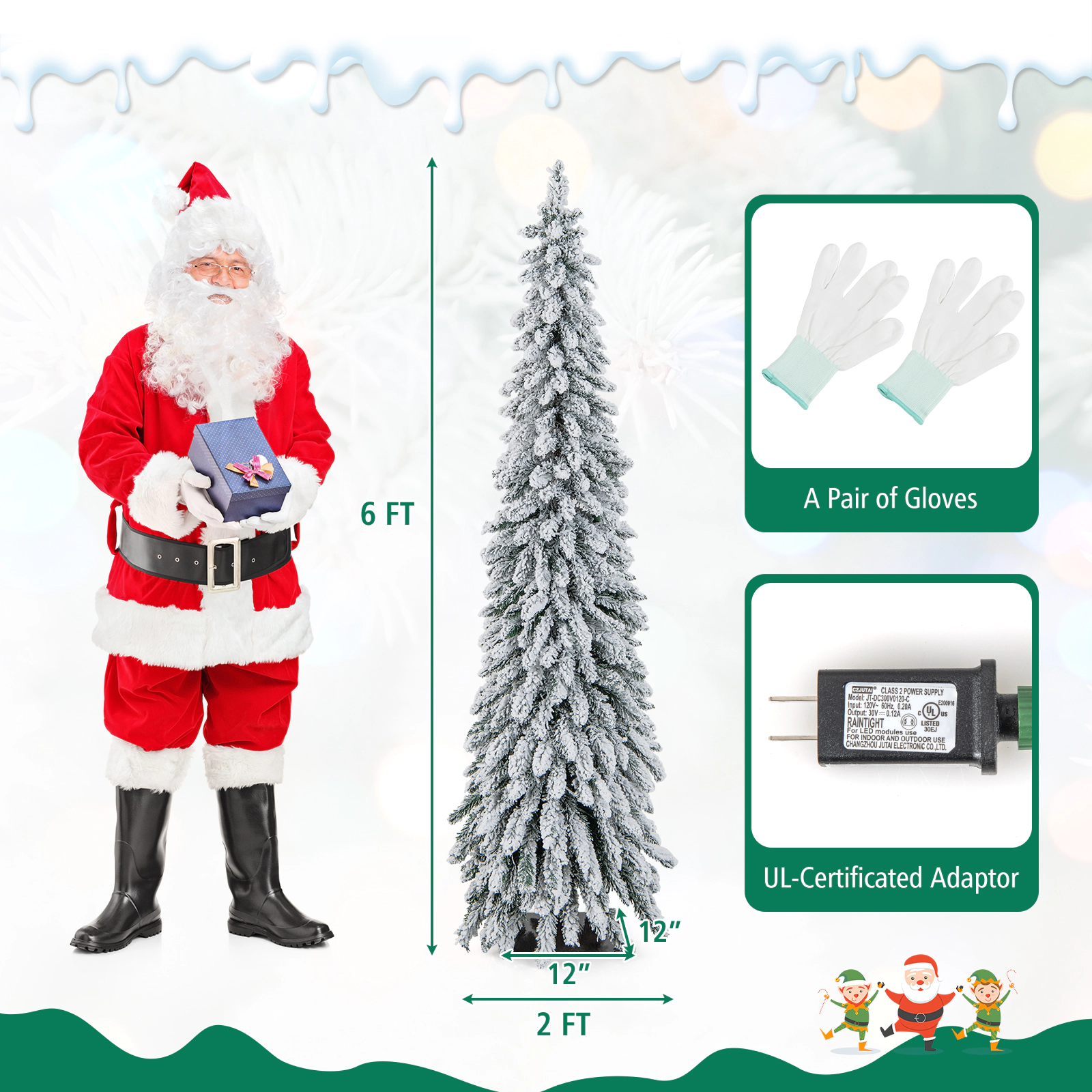SUGIFT 6-ft Snow Flocked Slim Pencil Pre-Lit Christmas Tree with 407 Branch Tips and 250 LED Lights