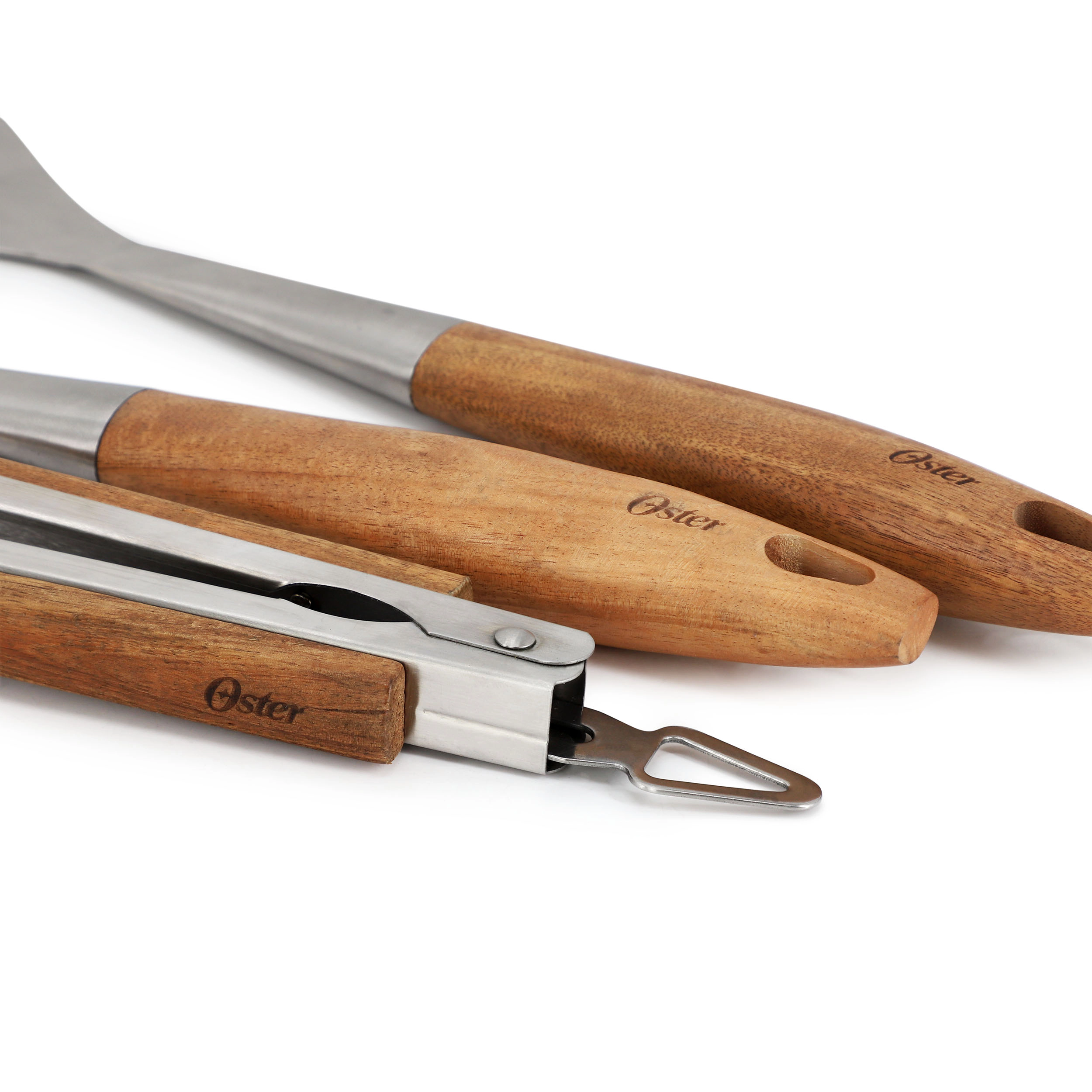 Oster Balincourt 3 Piece Stainless Steel and Wood BBQ Tool Set in Brown