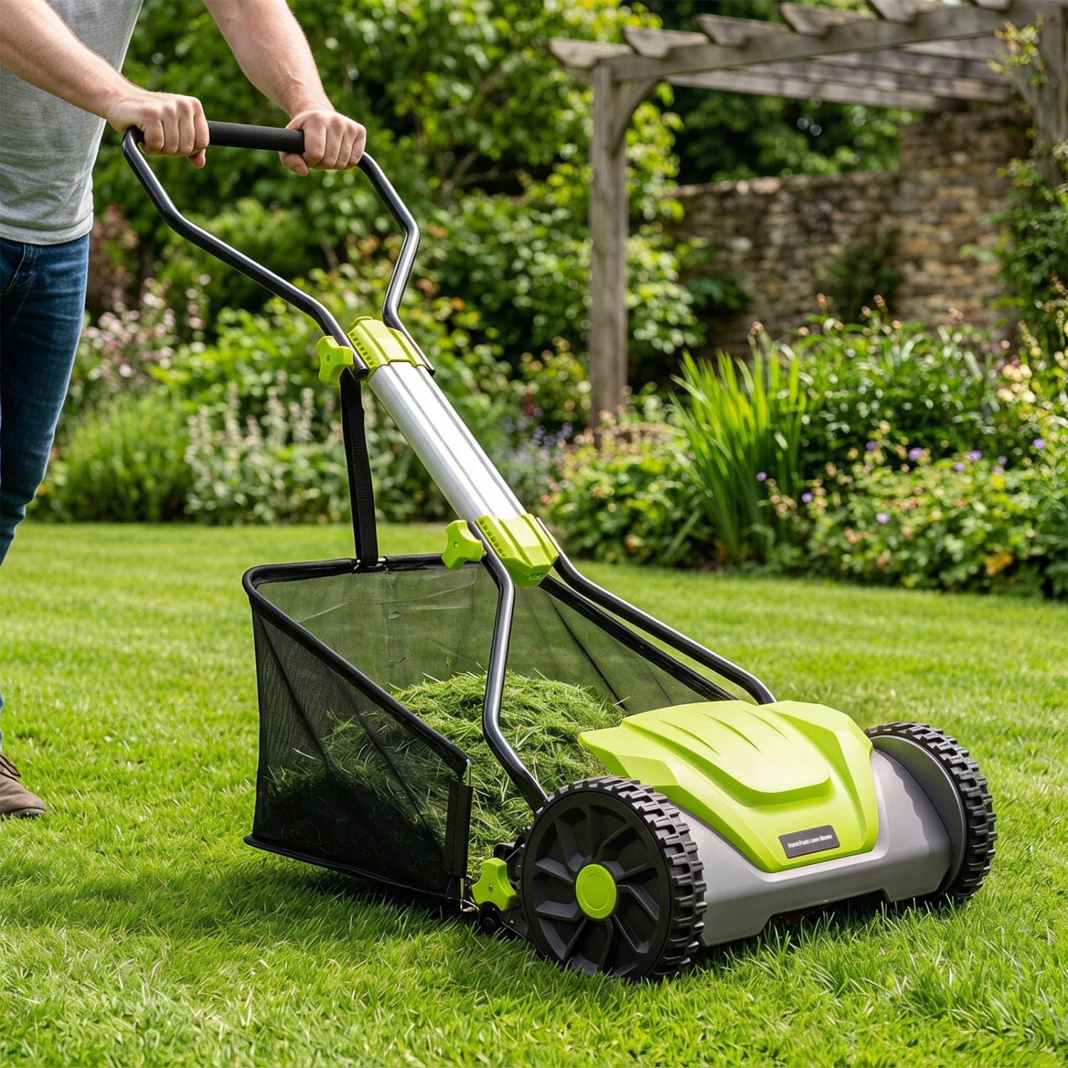 LJG 16 Inch Adjustable Cutting Heights 5-Blade Push Reel Lawn Mower with 8 Gal Removable Grass Catcher Bag