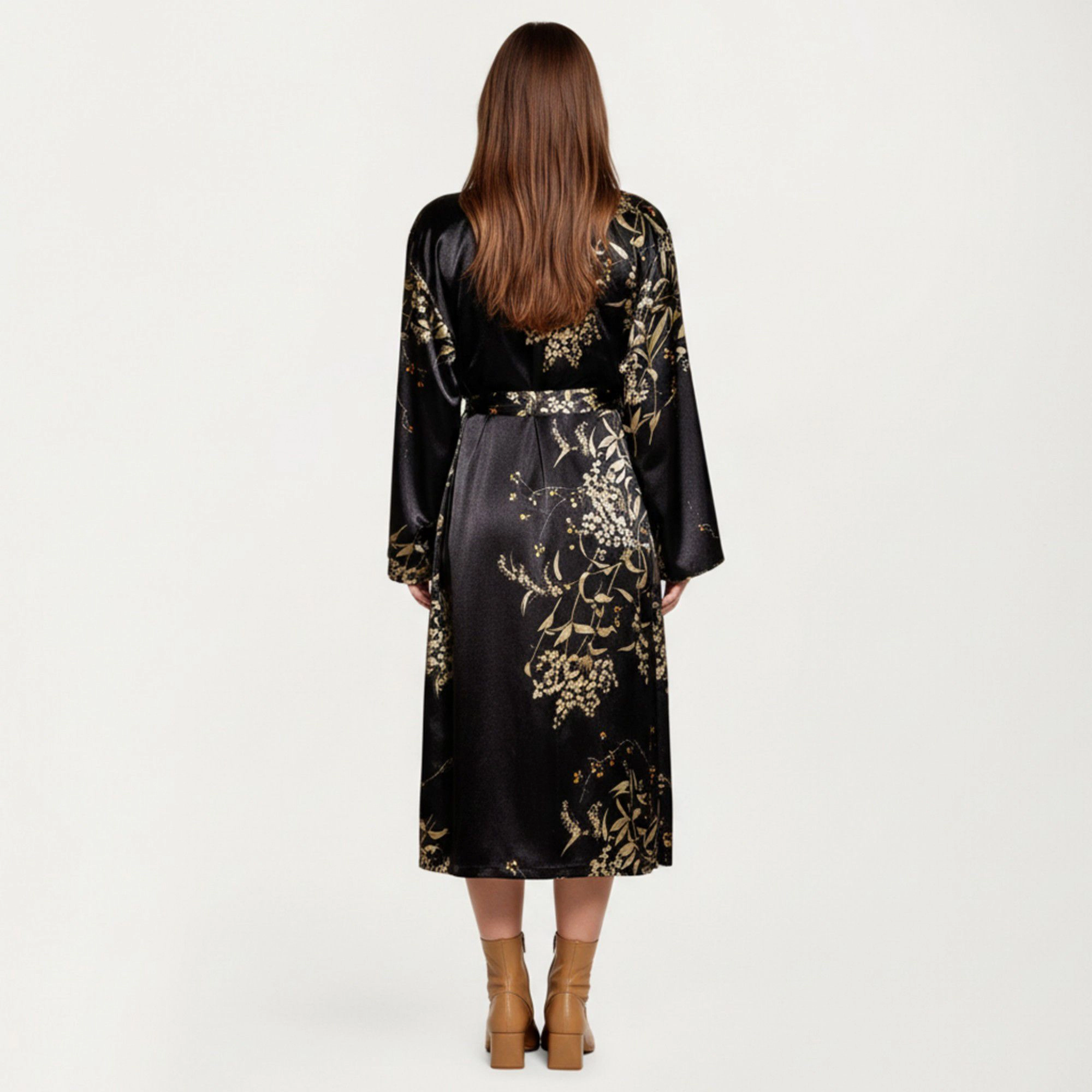 Anna-Kaci Women's Satin Slip Dress and Long Robe Set Floral Pattern Draped Neckline Elegant Flowing Layered Design