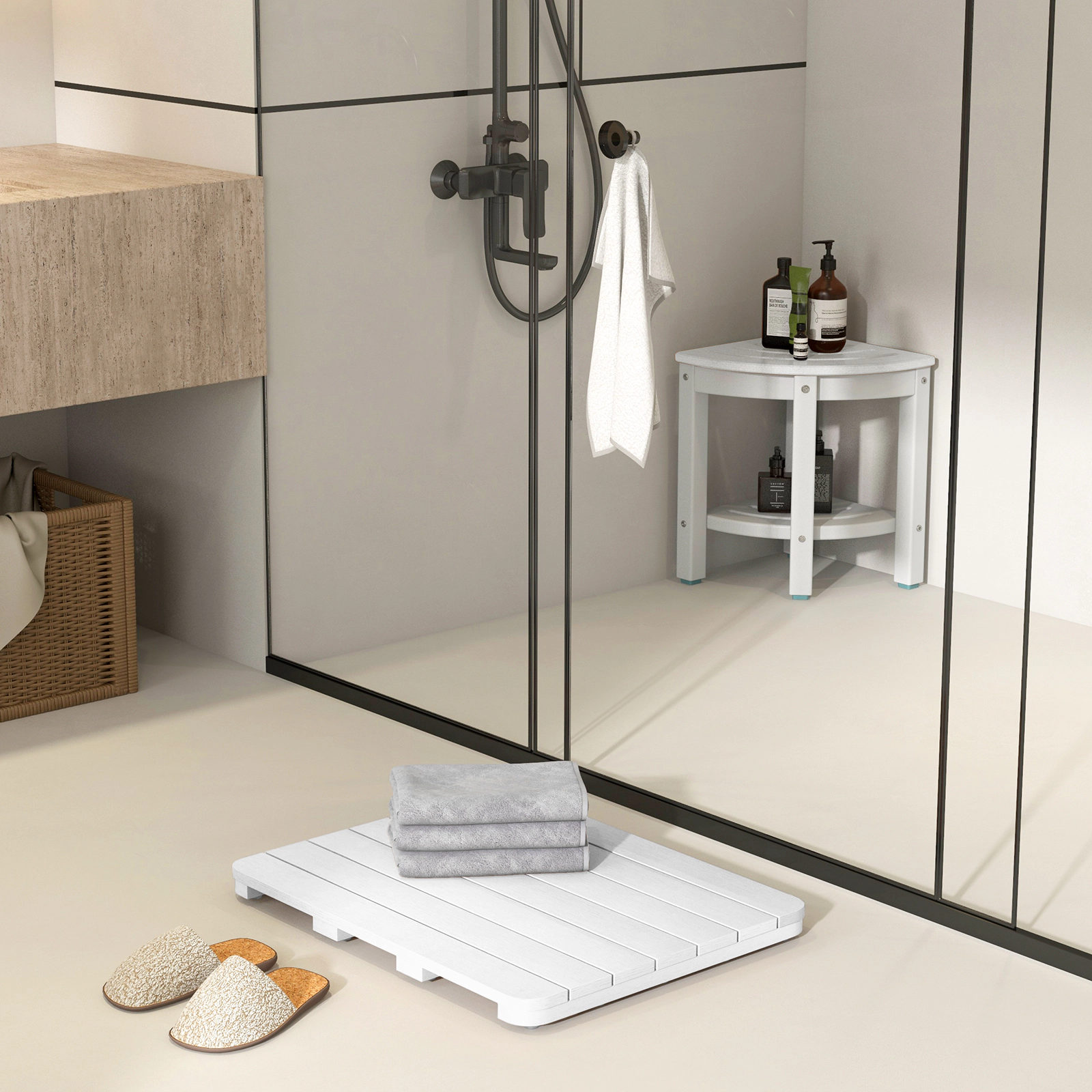 SUGIFT Waterproof Non-Slip Foot Pads Slatted Drainage Bath Shower Mat 23.5-in x 19-in x 2-in 330-lb Capacity White