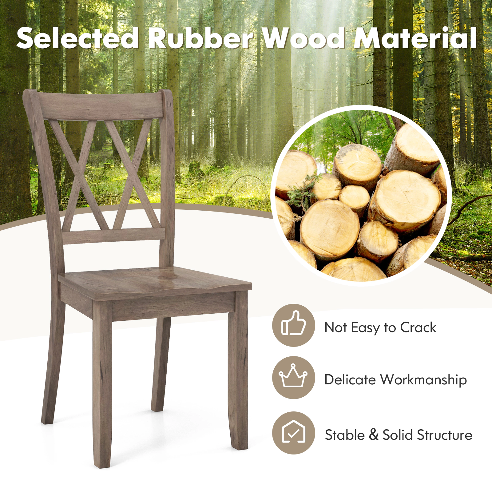 SUGIFT Set of 2 Brown Wooden Farmhouse Dining Chairs with Double X Back
