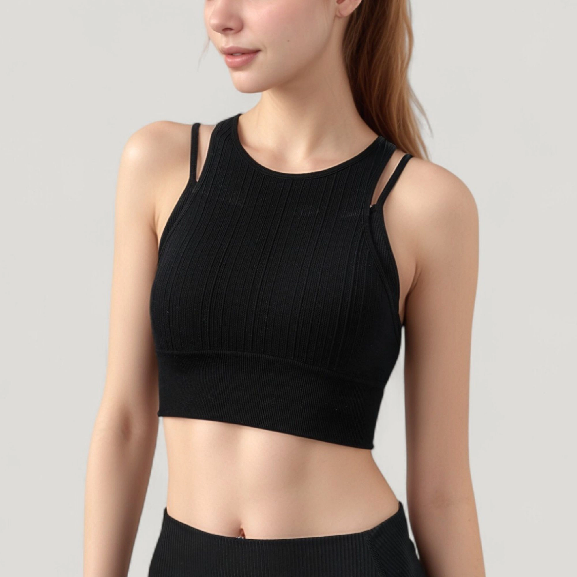 Anna-Kaci Women's Ribbed High Neck Crop Top with Double Strap Detail