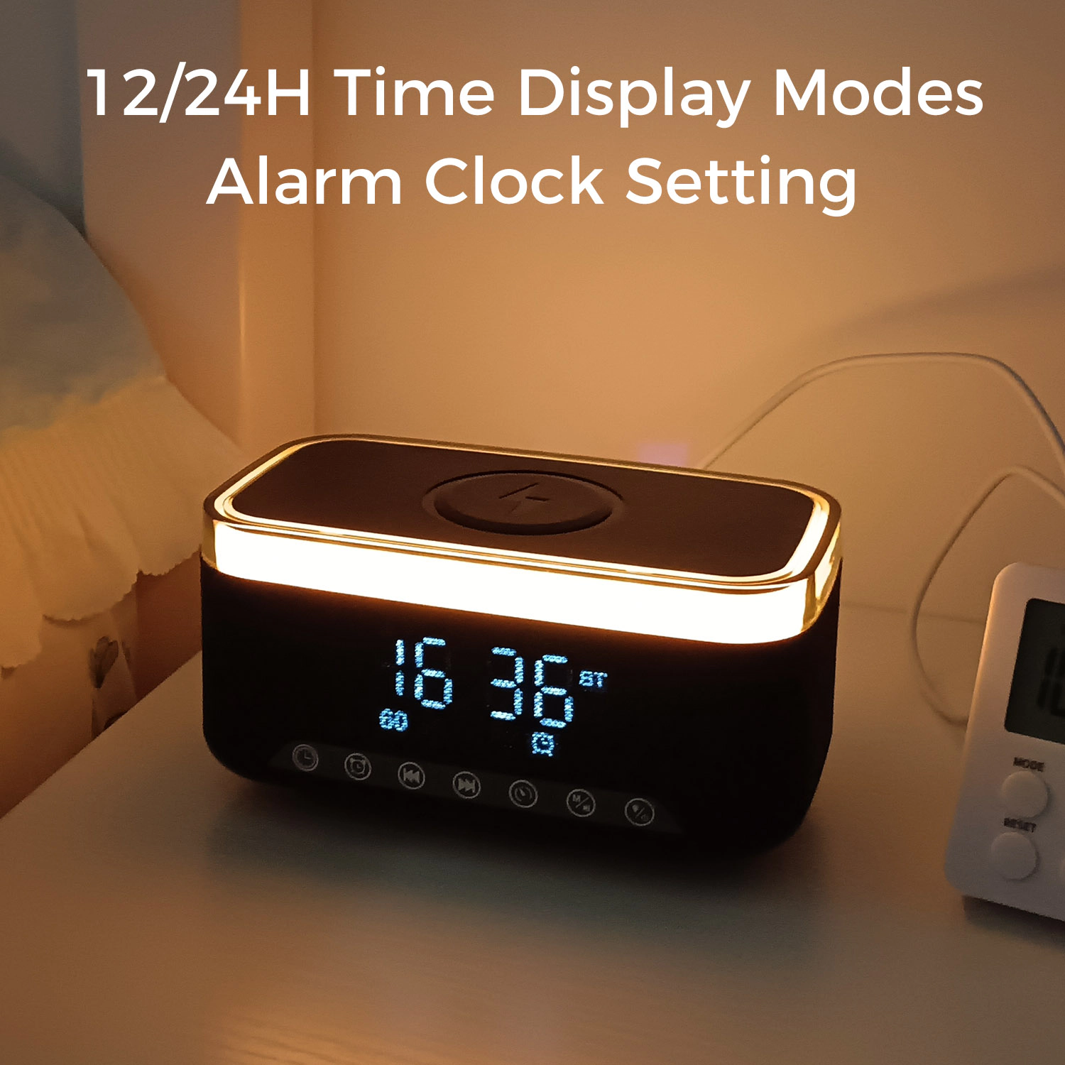 Alpha Digital Stereo, 10W, Alarm Clock, Wireless Charging, Light - Bluetooth Speaker
