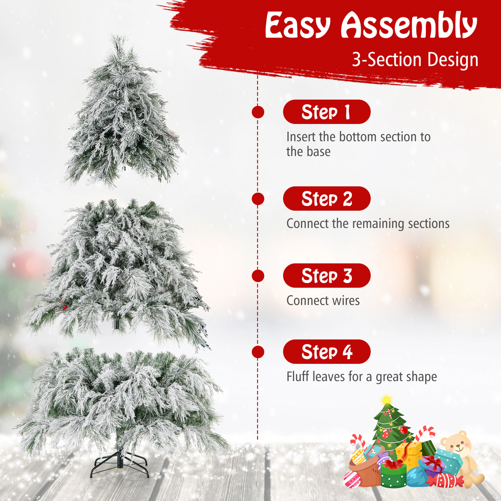SUGIFT 6-ft Snow Flocked Pre-Lit Christmas Tree with 519 Branch Tips and 250 Warm White LED Lights