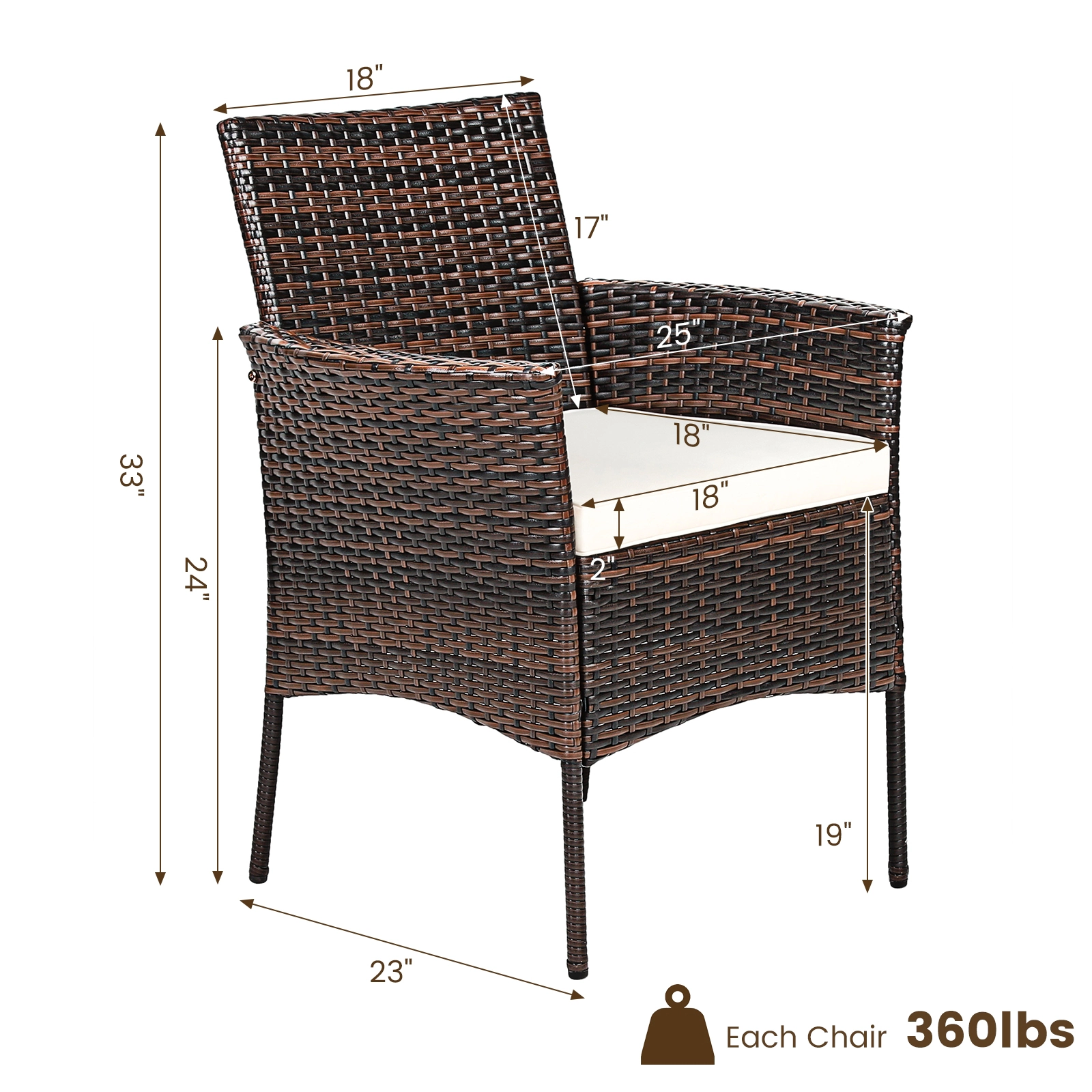 SUGIFT 2-Piece Outdoor PE Rattan Dining Armchairs Removable Cushions 360-Lb Capacity Mix Brown Rattan Off White Cushions