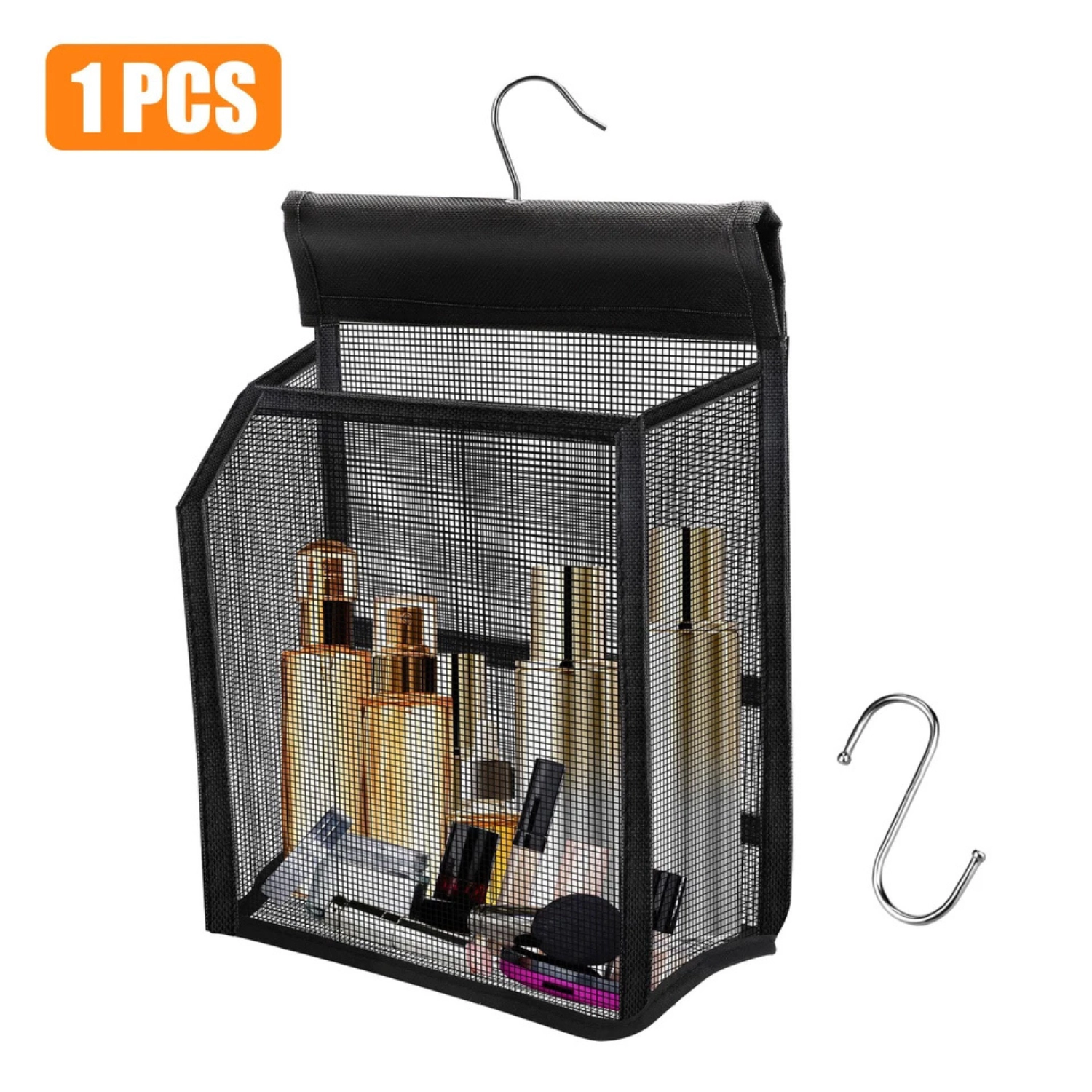 SS Design Hanging Mesh Shower Caddy Organizer Bathroom Storage Bag with 2 Removable Hooks