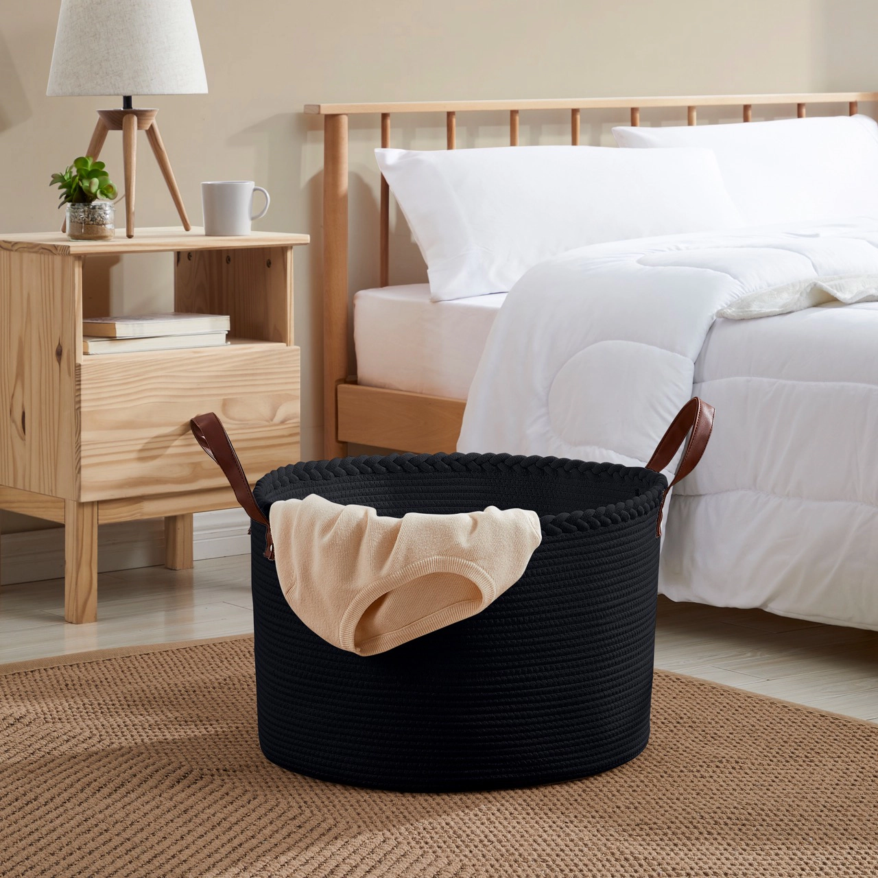 Ornavo Home Extra Large Round Cotton Rope Storage Basket Laundry Hamper with Leather Handles