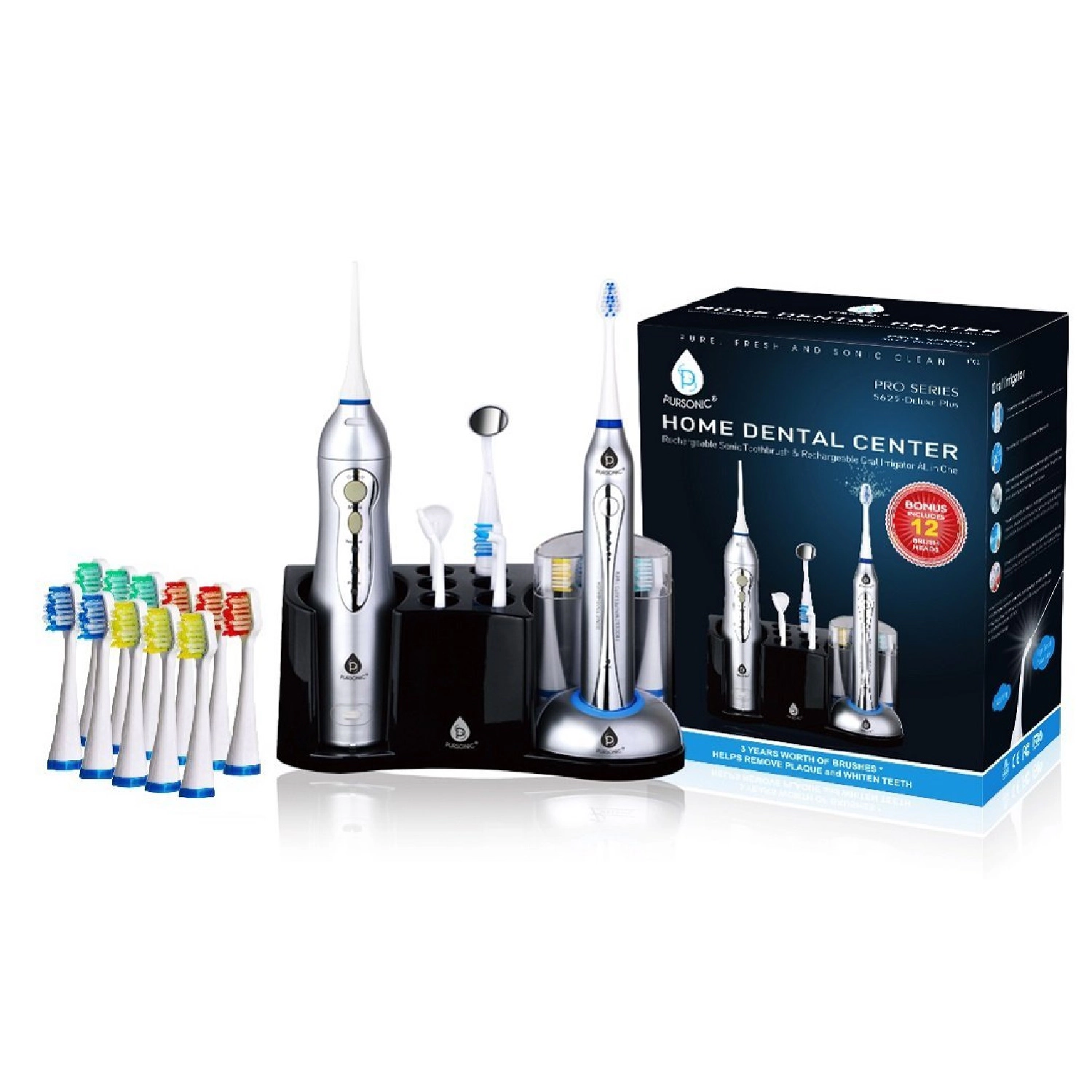 Pursonic Unisex Rechargeable Sonic Toothbrush and Rechargeable Water Flosser with 12 Brush Heads