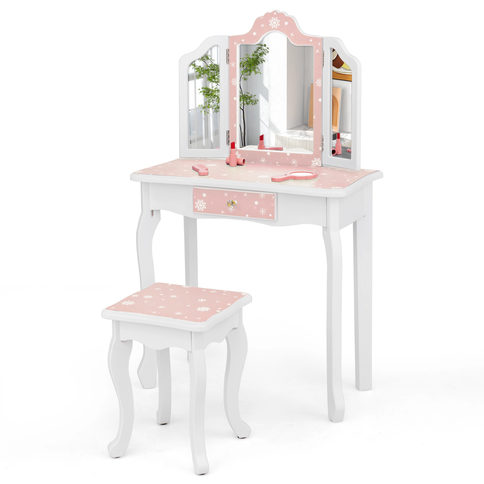 SUGIFT Princess Pretend Play Makeup Vanity Table & Stool Set with Tri-folding Mirror 110-lb Stool Capacity Ages 3-7 Pink