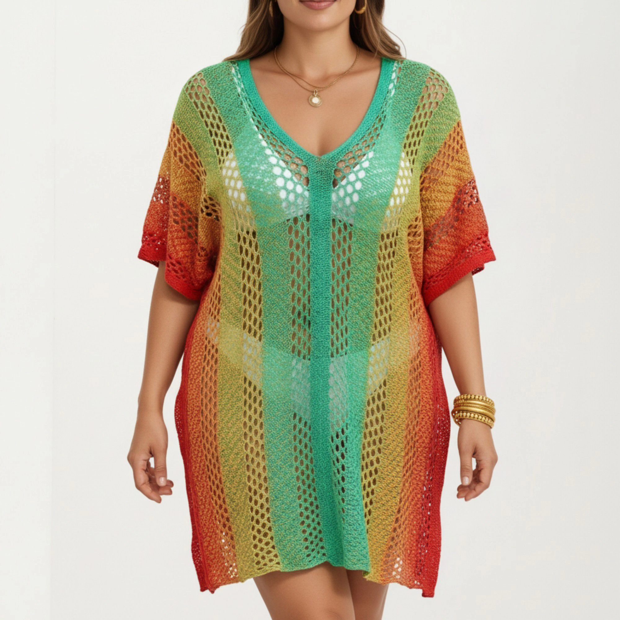 Anna-Kaci Women's Ombre Crochet Open Knit Mesh V Neck Short Sleeve Relaxed Fit Swim Cover Up Dress