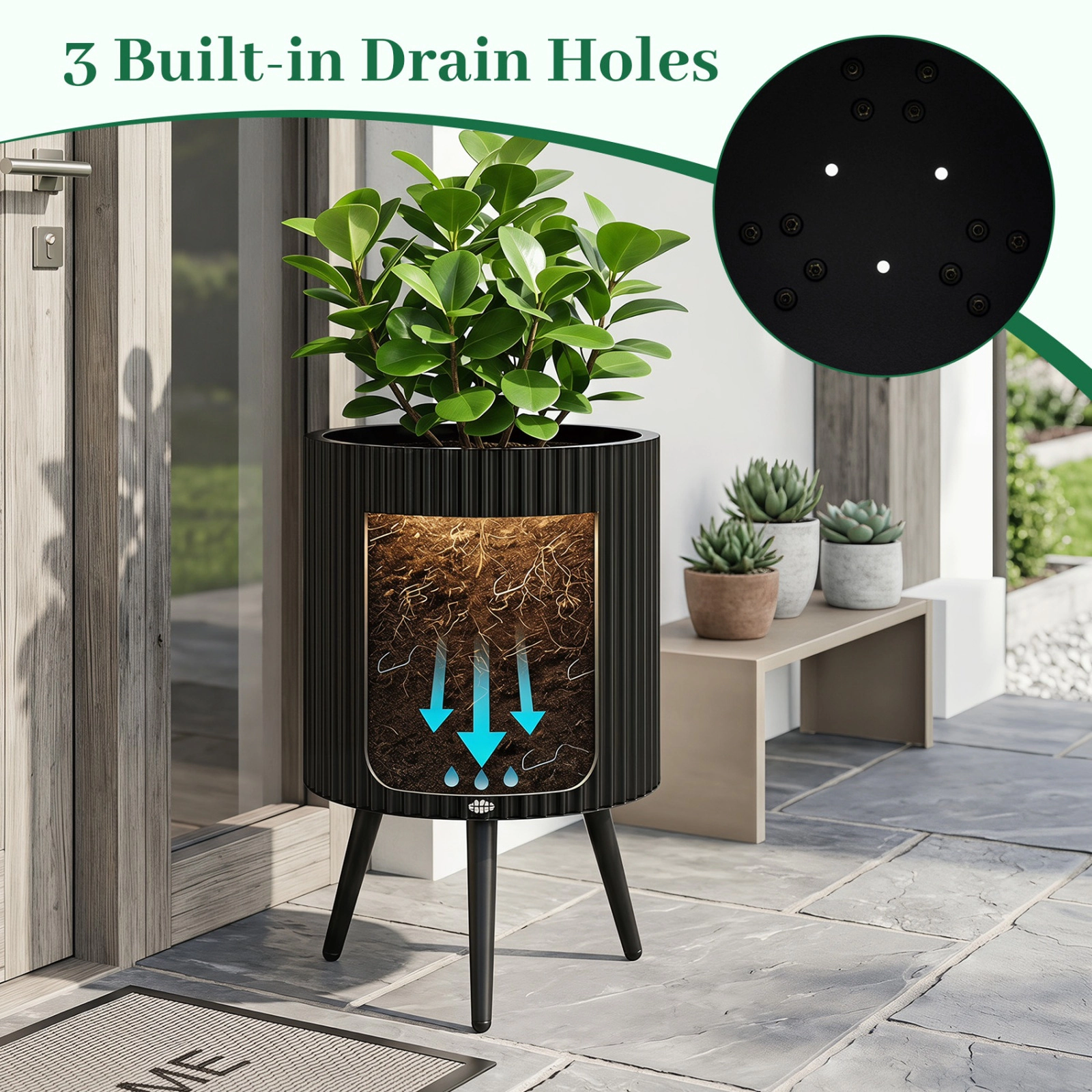 SUGIFT 14-in 110-lb Capacity Black Fluted Metal Plant Pot with Stand Tapered Legs and 3 Drain Holes