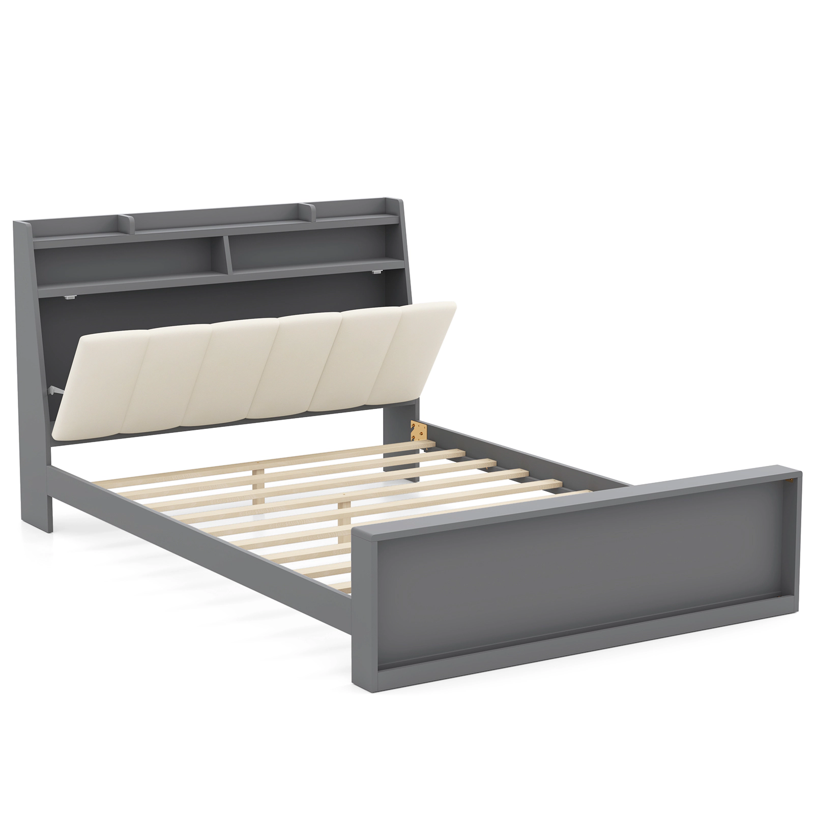 LJG Full Size Bed Frame with Storage Modern Platform Bed with Headboard