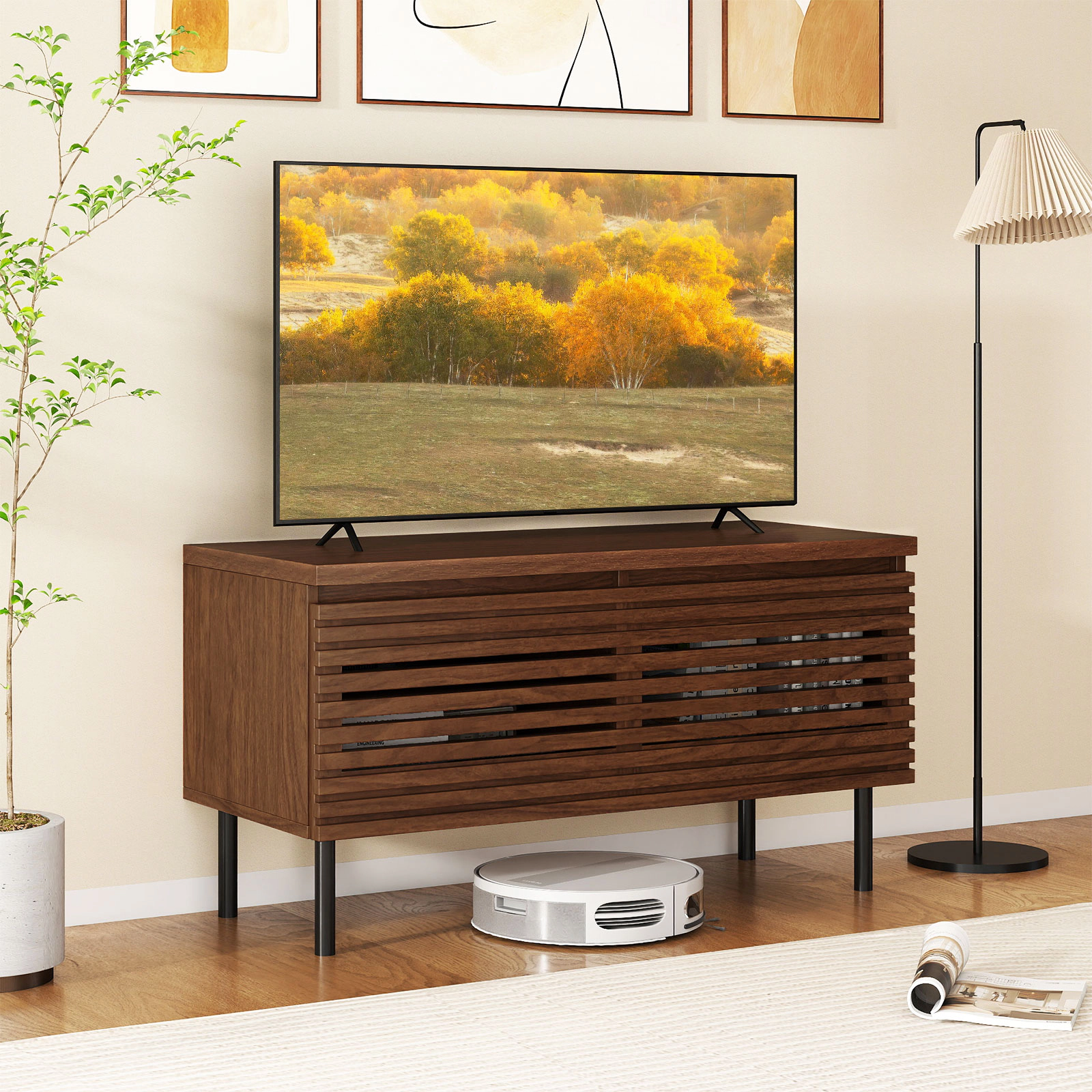 LJG Mid Century Fluted TV Stand for 40" TV with 2 Hidden Compartments and Metal Legs
